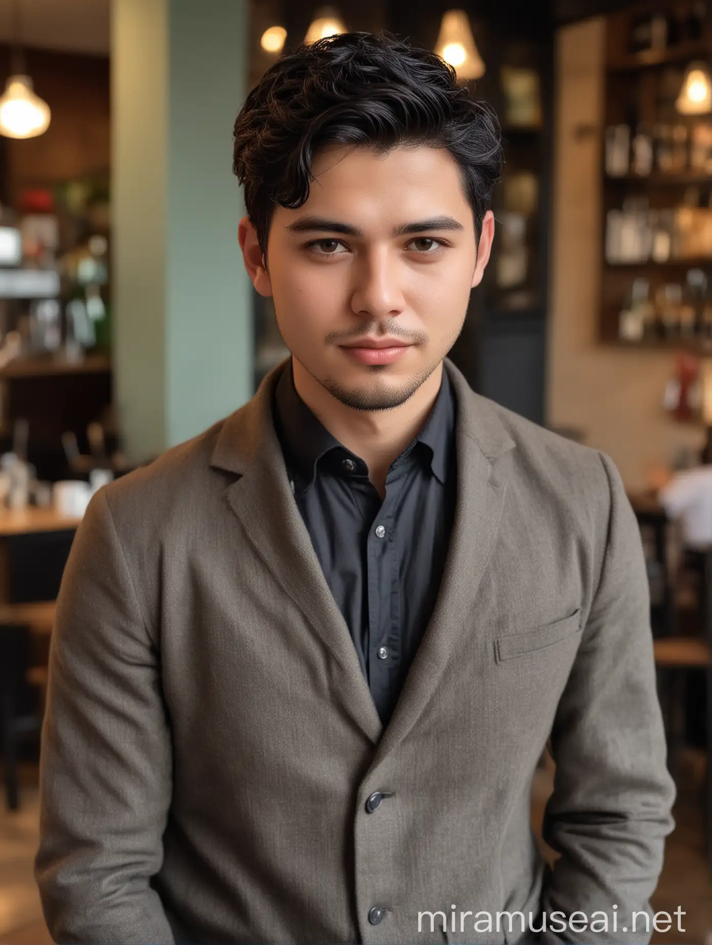 A man about 28 years old slightly chubby face,short hair black hair ,has a noble temperament and is dressed luxuriously. With the cafe as the background, the camera focuses on him. He has an elegant temperament. Facing the camera, he has exquisite facial features and a full body photo.