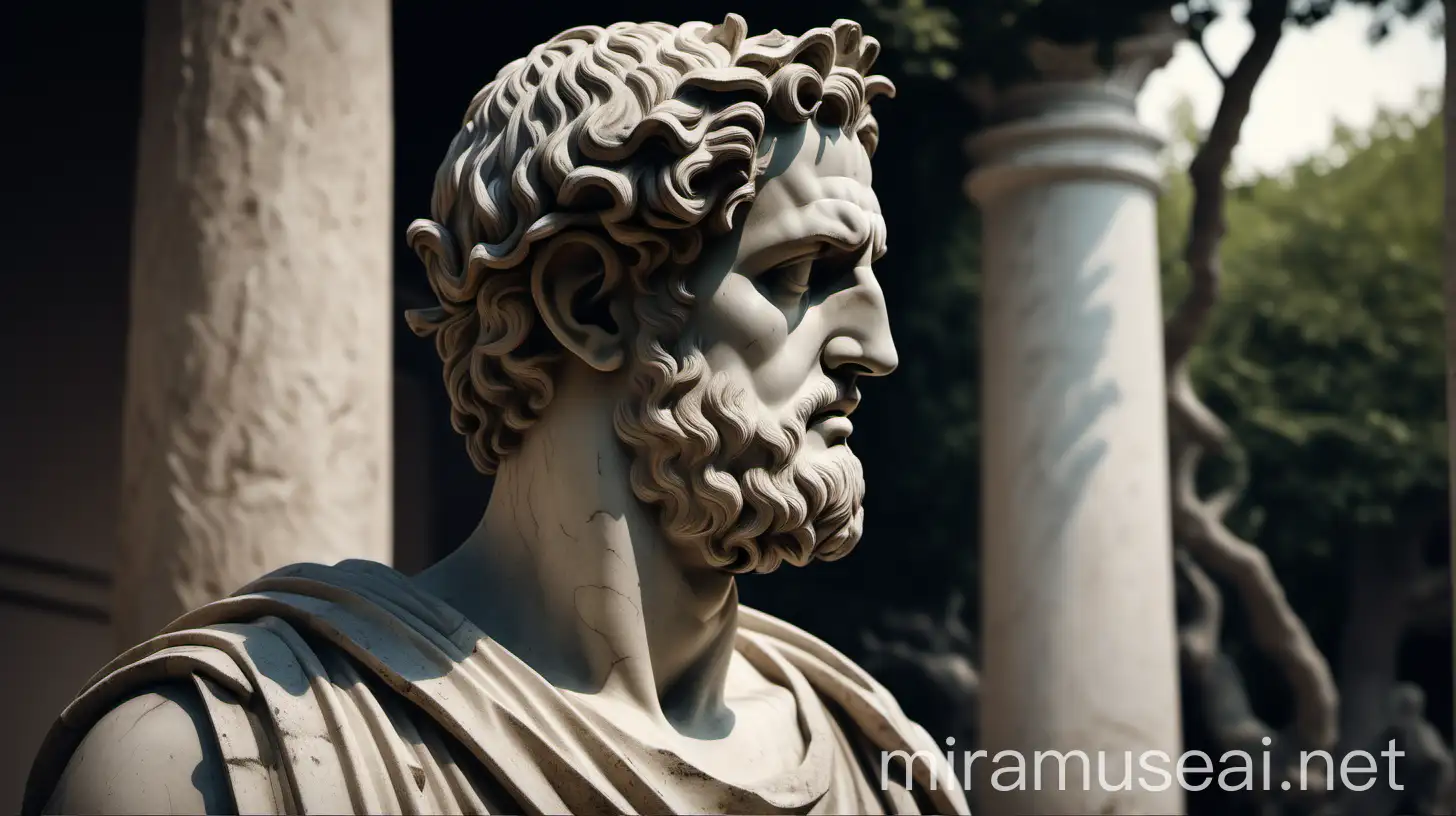 "Generate a high-resolution 4K image of a stoic statue. The statue should depict a classical Greek or Roman figure in a contemplative pose. The background should be a serene outdoor setting, perhaps an ancient garden or temple ruins, with soft, natural lighting that highlights the details of the statue. The statue itself should have an aged, weathered look, with fine details on the face and clothing to convey a sense of timeless wisdom and stoicism. Ensure the image captures the texture of the stone and the shadows that give depth to the figure."