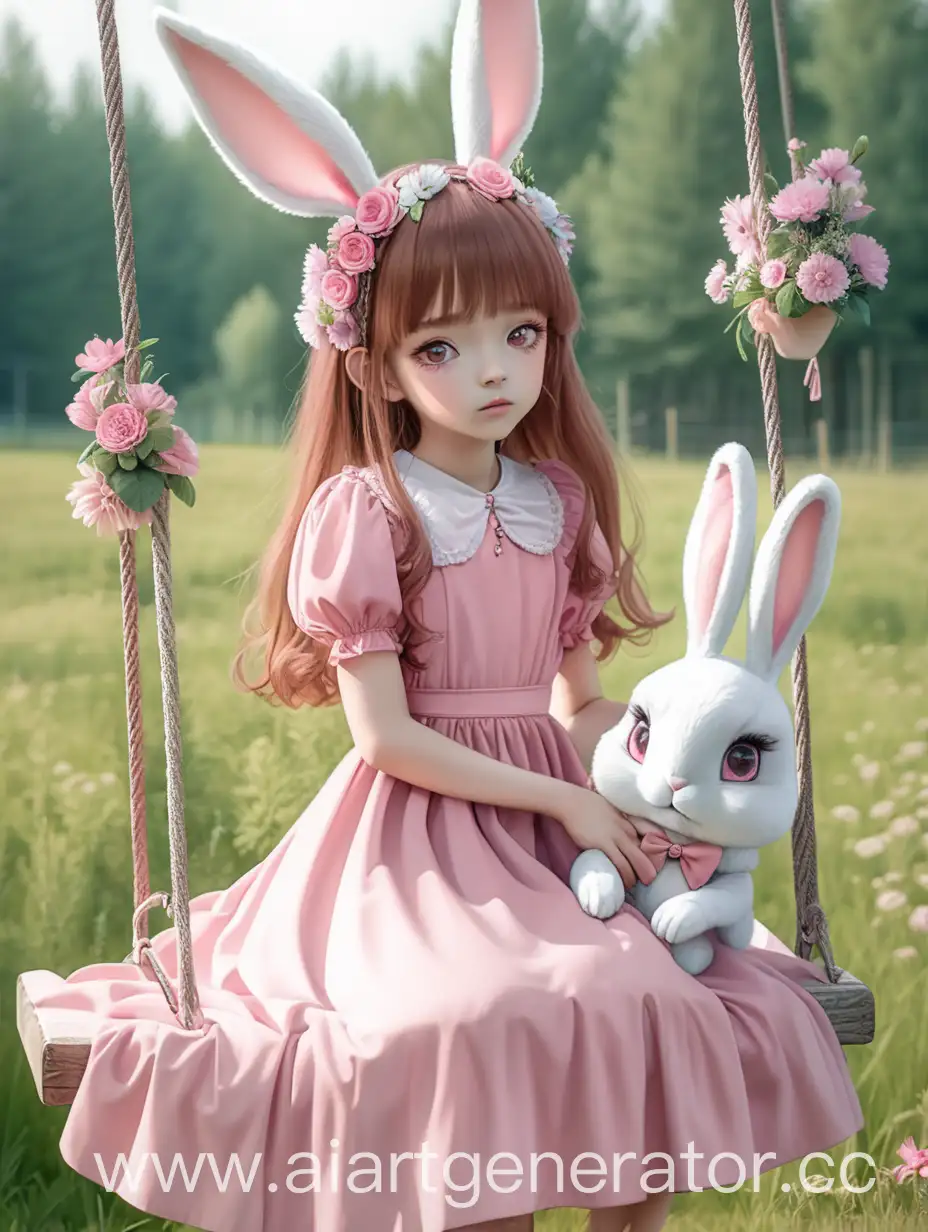 Tender-PinkDressed-Girl-with-Rabbit-Ears-on-FlowerAdorned-Swing-in-Forest-Field