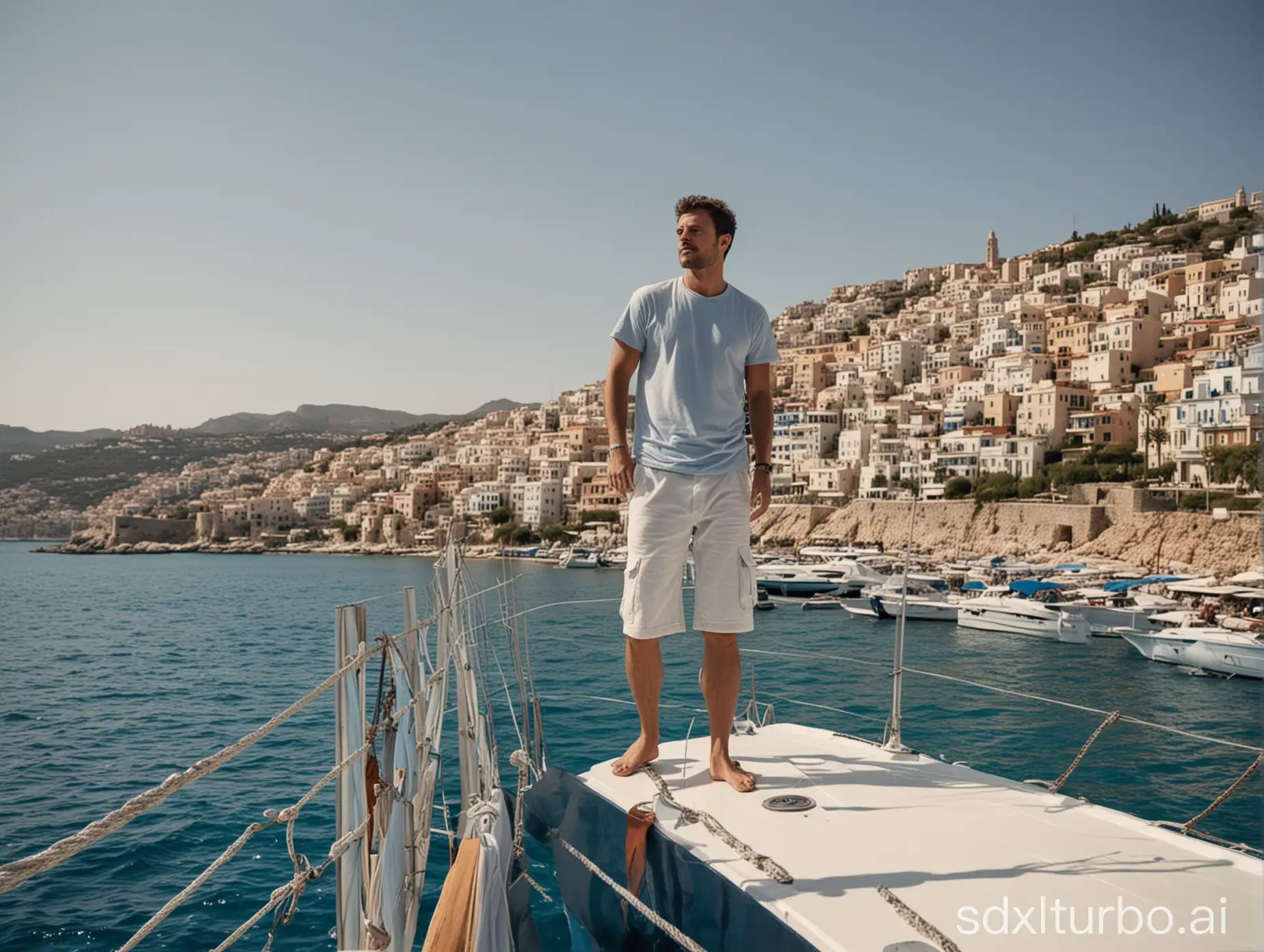 мужчина стоит на краю яхты, смотрит вбок, голубое море, сзади город средиземный, день
