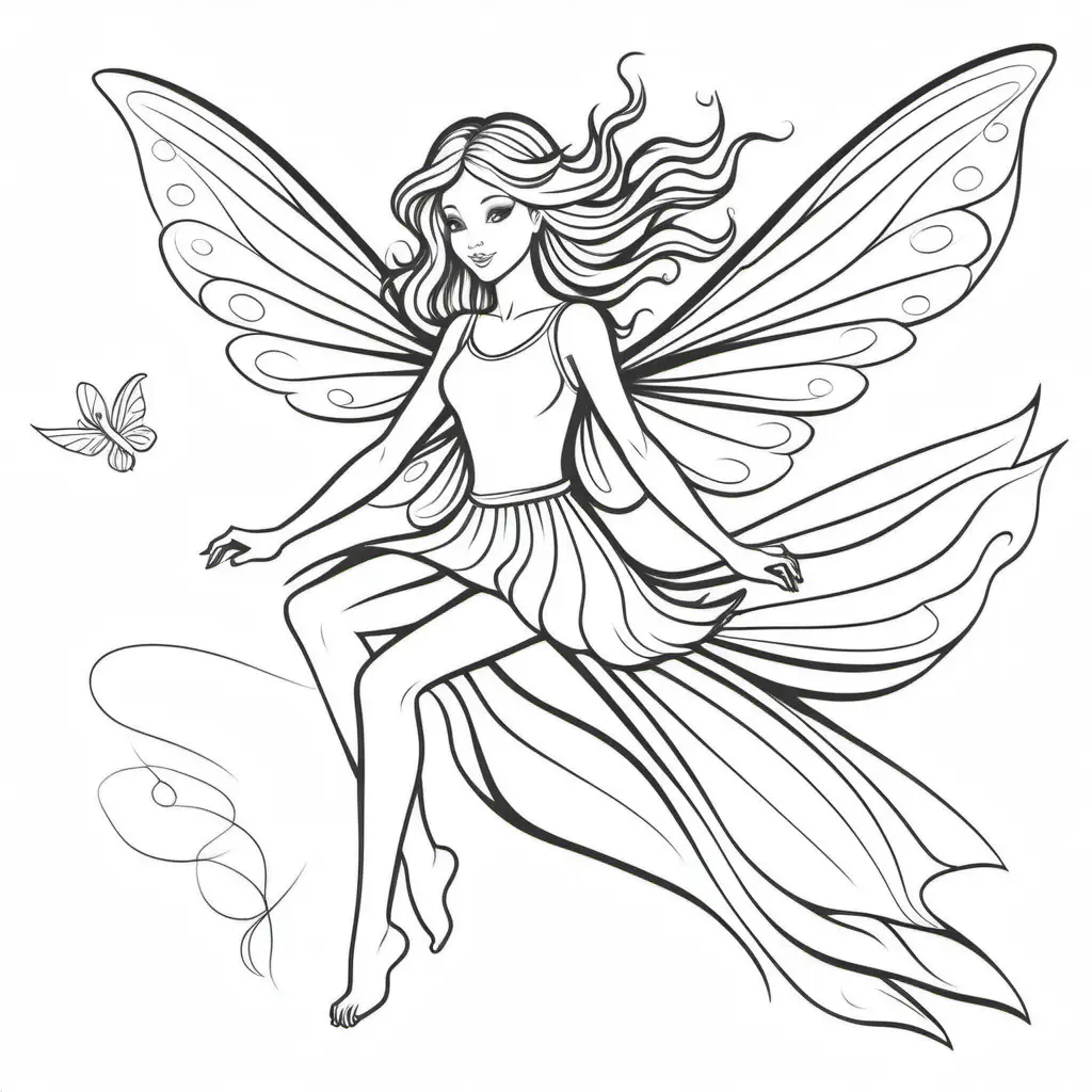 adult coloring page, vector drawing, flying fairy, black and white, black lines, no shading, simple design, 