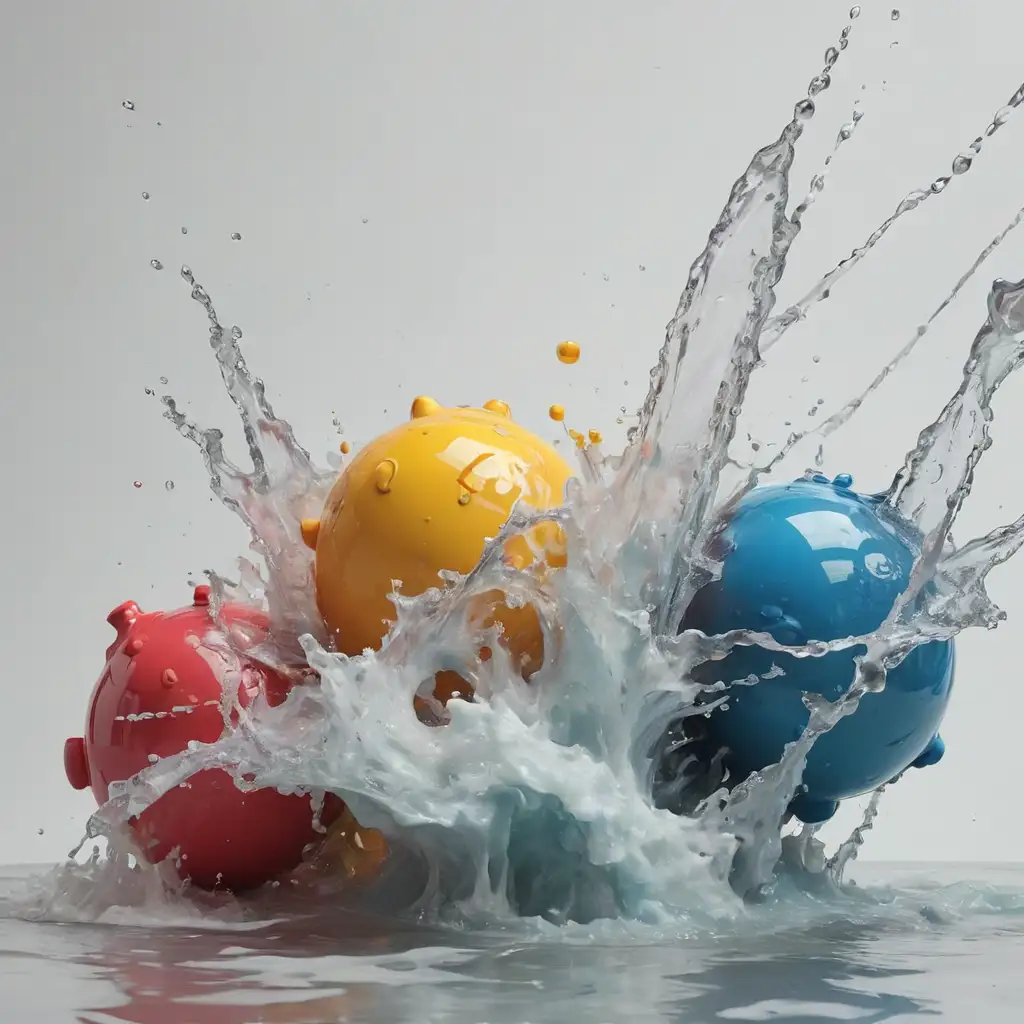 a moving image, of water colliding with steel objects, with bright colors, white background.