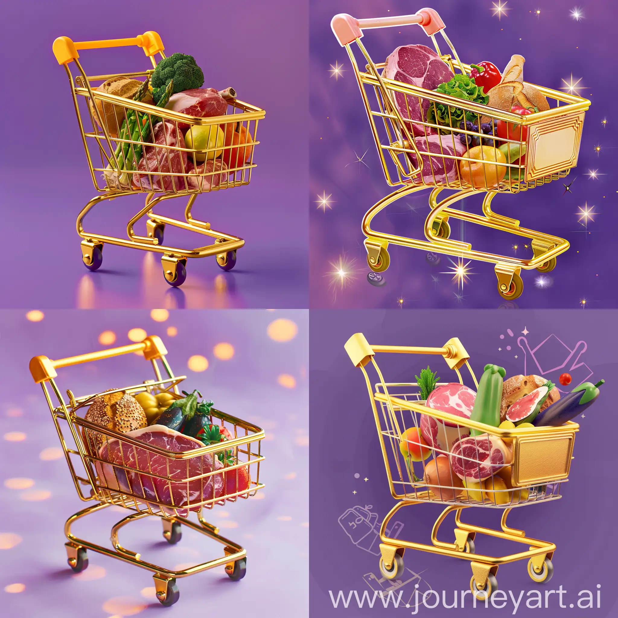 Golden-Magic-Wheeled-Shopping-Cart-with-Meat-Fruit-Vegetables-and-Bread-on-Purple-Background