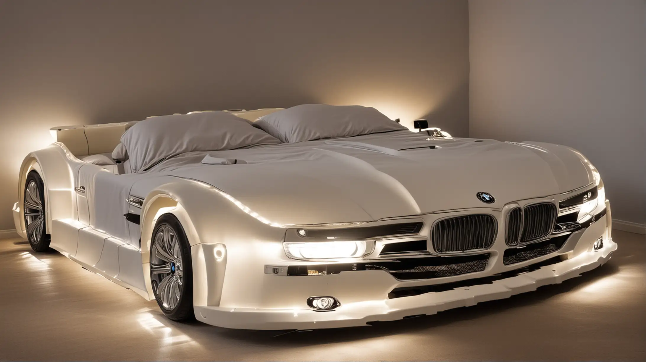 Double bed in the shape of a BMW car with headlights on
