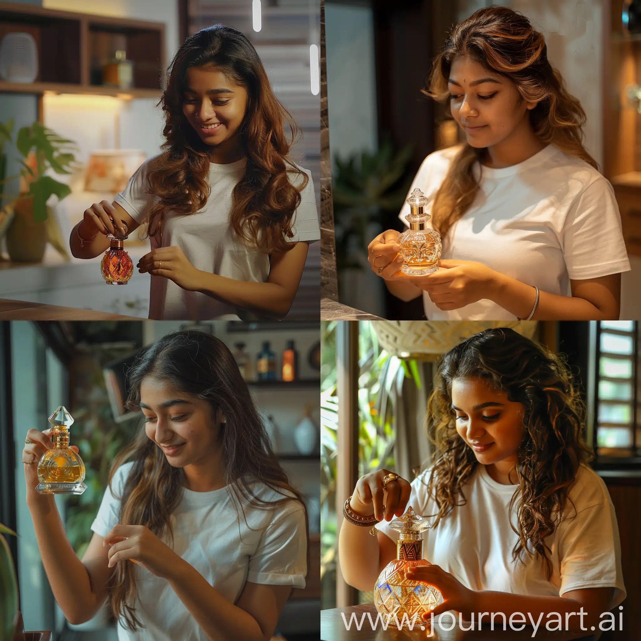 a stunning photograph of a beautiful and curvy, natural, wheatish brown skinned, Malayali teenager named Nayantara, wearing off white fit t-shirt, inside her room, looking at a bottle of an exotic and intricately detailed perfume, she is enjoying the scent, hd, 4k resolution, professional photography, high quality, waist shot