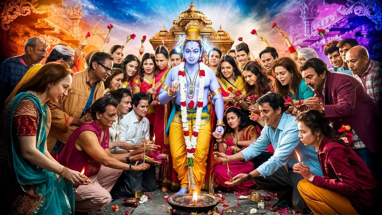 Bollywood type movie poster of modern age people worshiping Lord Shri Ram