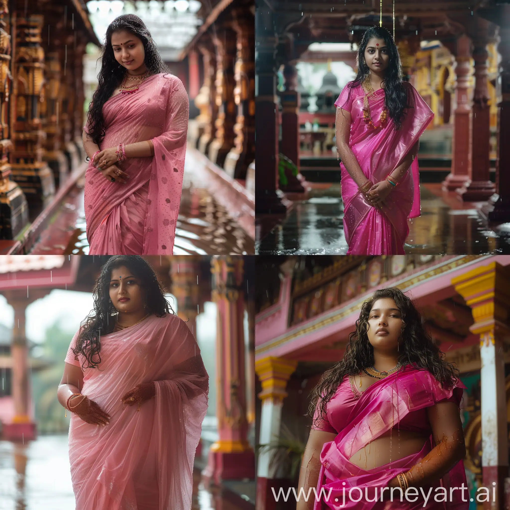 An average, curvy, teenage Malayali girl wearing a classy pink saree on a rainy day in a temple in Kochi, Kerala. She looks stunning, wet and sweet, with honey-dripping charm. The photography is done with a Canon DSLR, half body portrait, waist shot, hyperrealistic image, grandiose, splendor