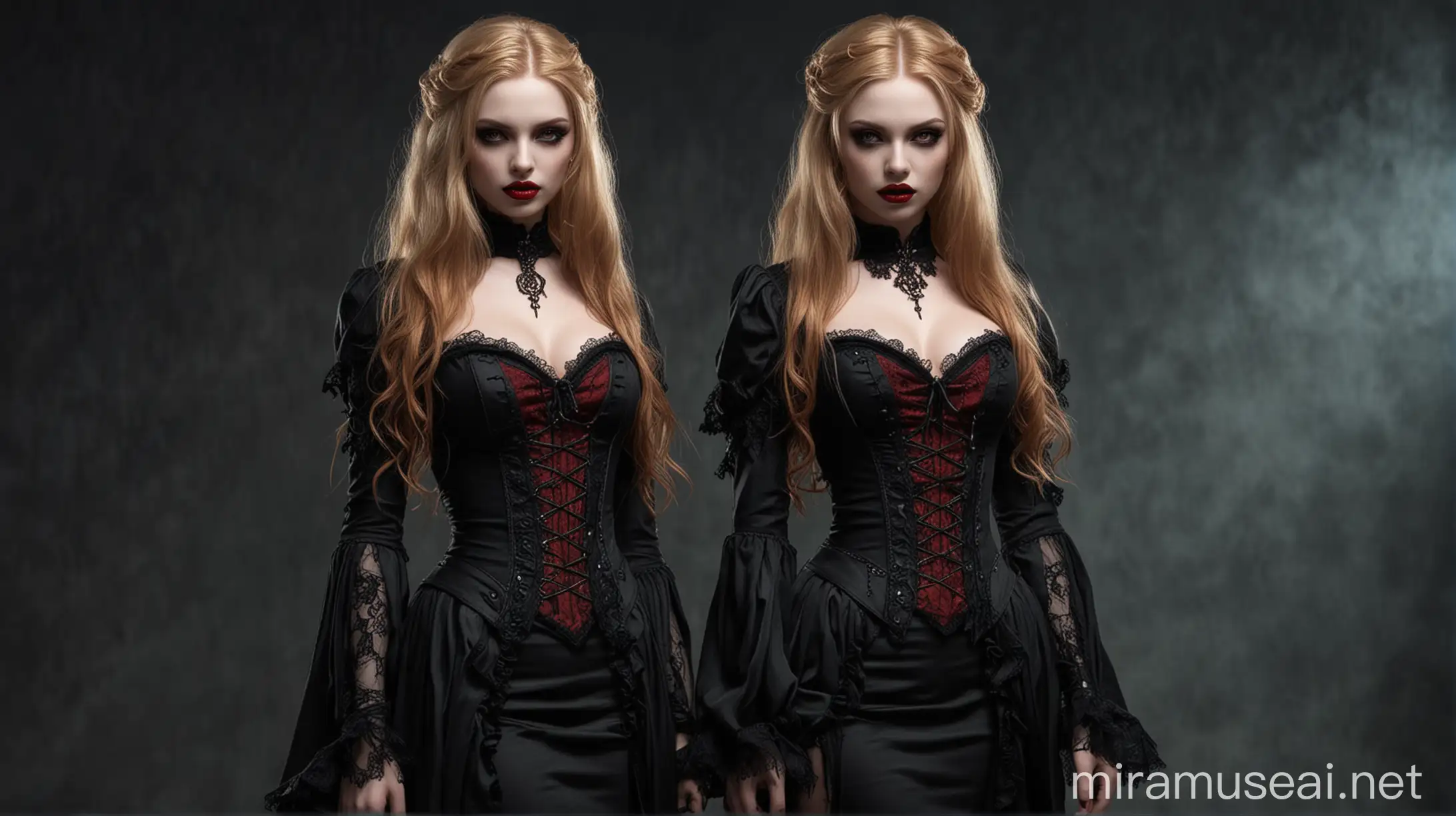 Sultry Gothic Vampire Woman in Elegant Dark Attire and Cherry Blonde Hair
