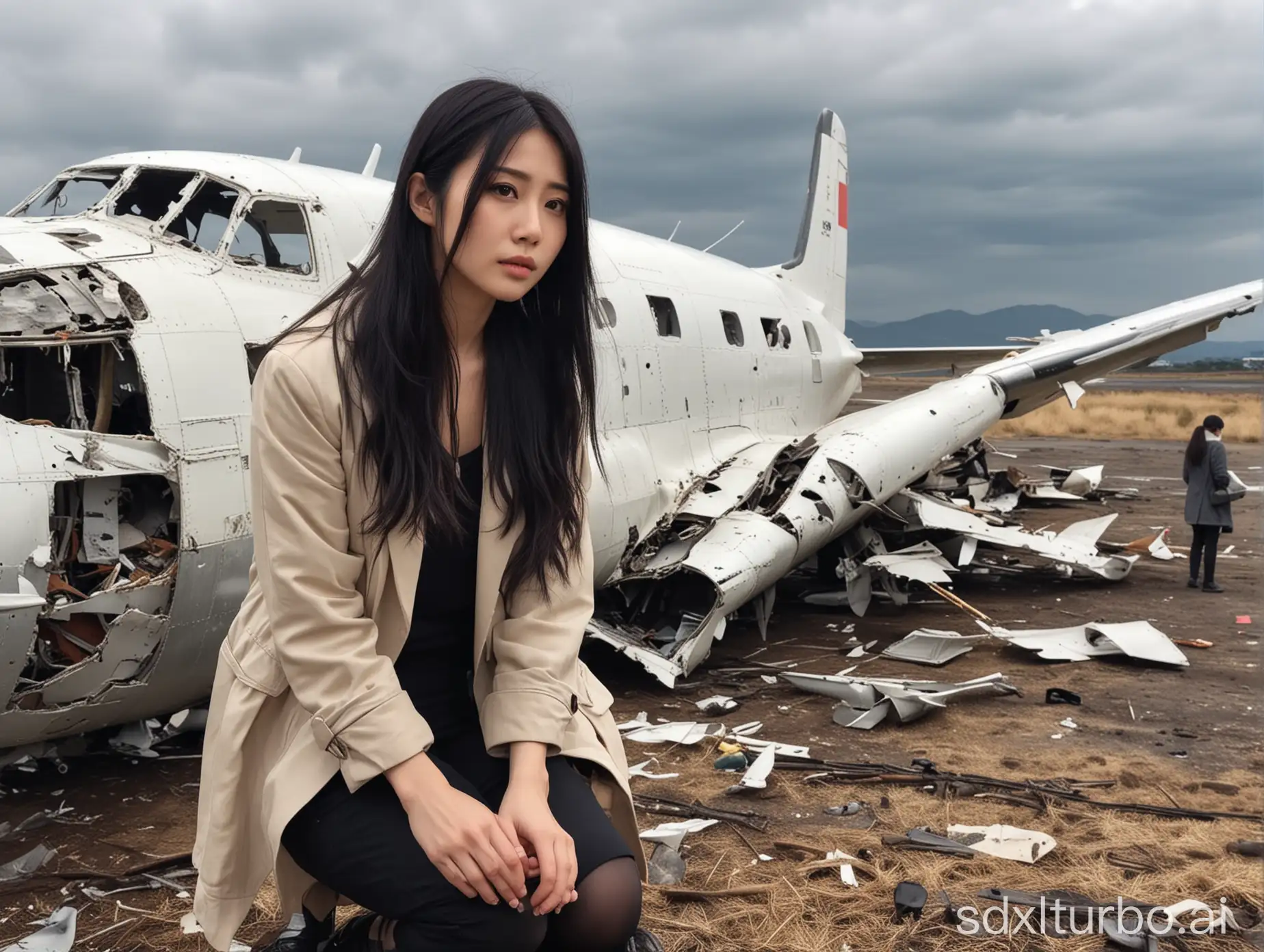 beautiful intellectual typical Japanese 33-year-old girl sadly looks at a crashed plane, Instagram model, long black hair, warm, black eyes, height 6.5 feets, female, masterpiece, 4k, correct fingers or hands