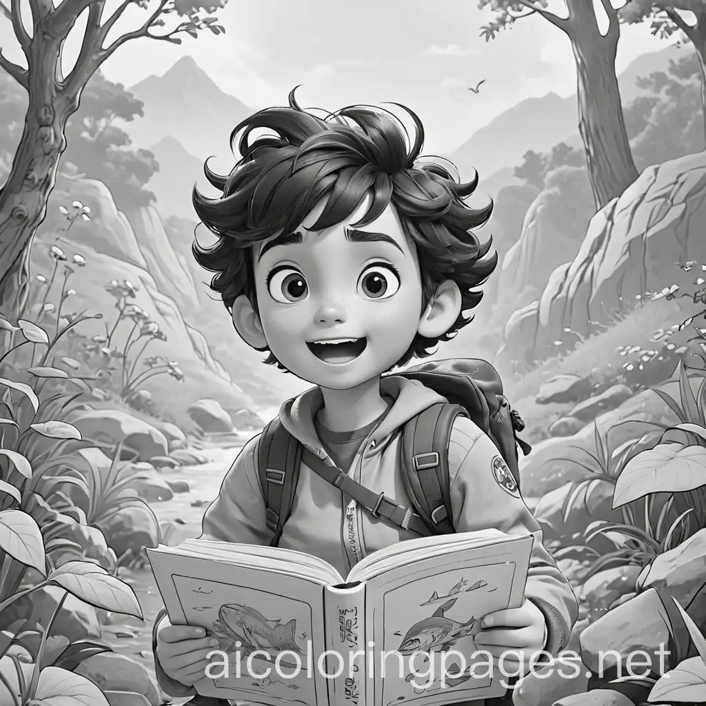 Childrens 123 adventure book cover, Coloring Page, black and white, line art, white background, Simplicity, Ample White Space