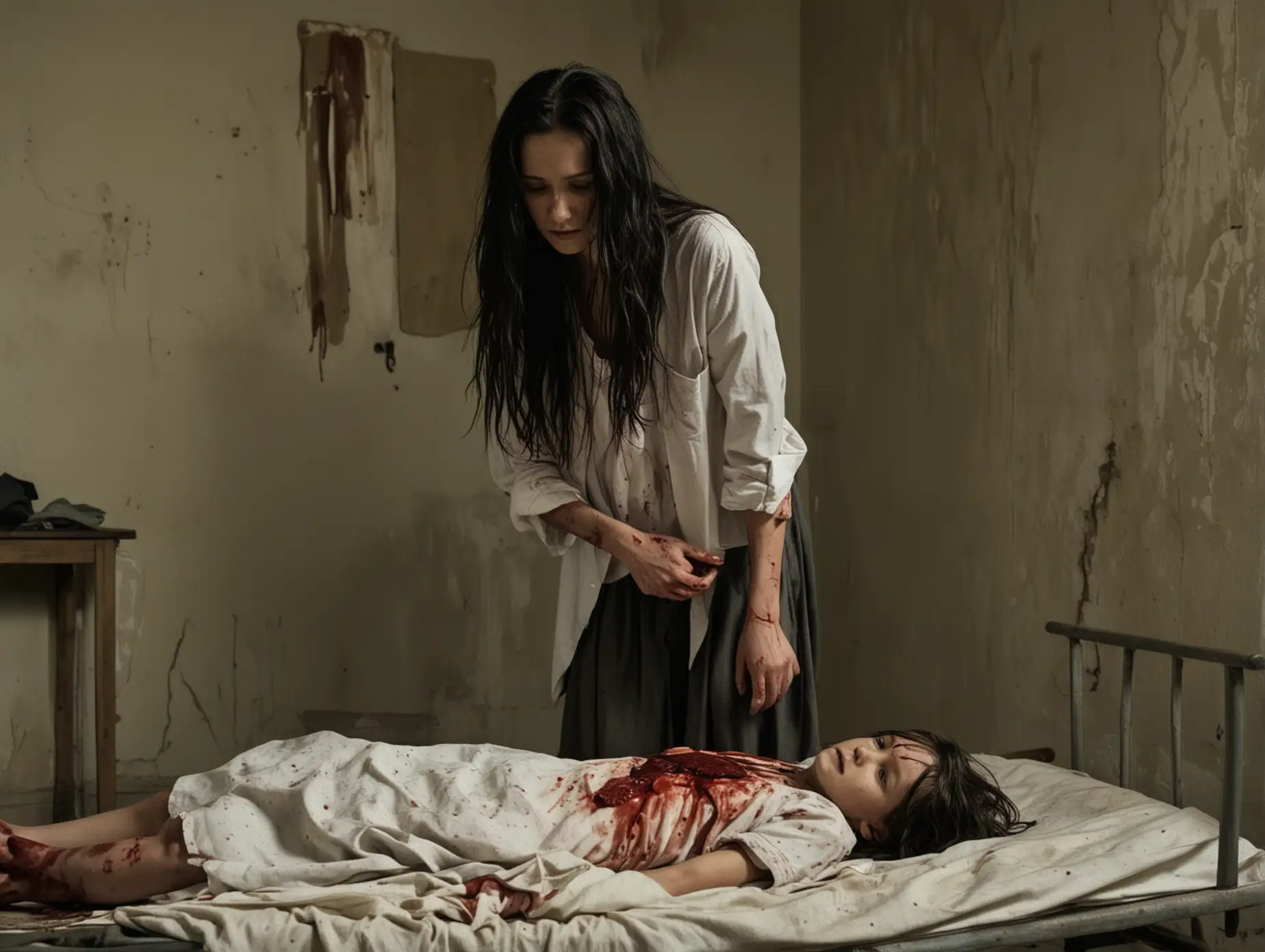A woman with dark long hair stands and holds an unconscious 10-year-old boy in her arms. There is blood nearby, a saw, a hospital couch. She's standing in a small old room. The light only comes from the window behind them.