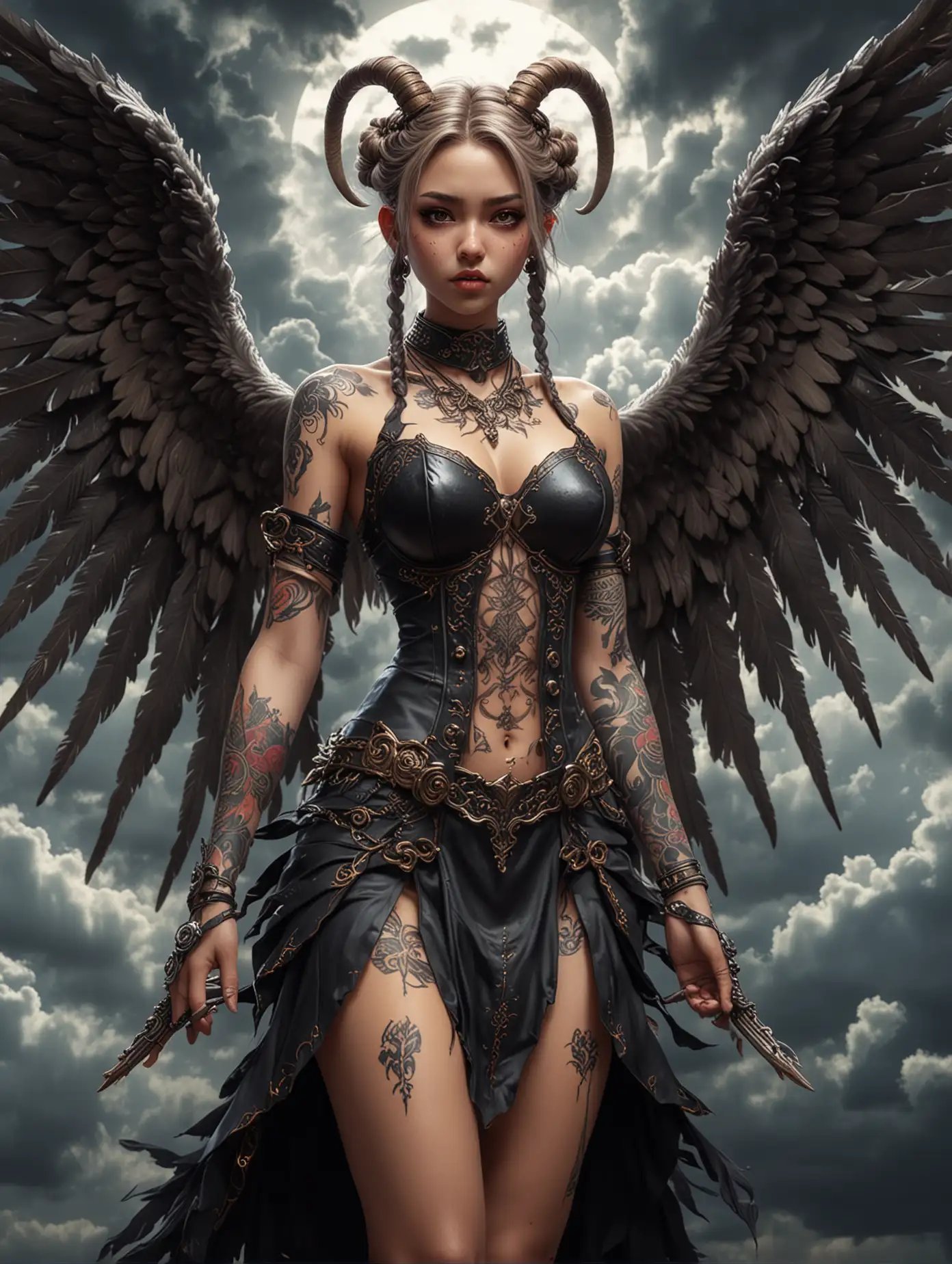Beauty anime angel with braided hair and goat's horn, wears punk dress with large insane wings, adorned her skin with tattooes, dynamic seductive pose, dark clouds with ray tracing background, sinister, moody, colorful organic shape, rampant in creativity, ornate in details, masterpiece art