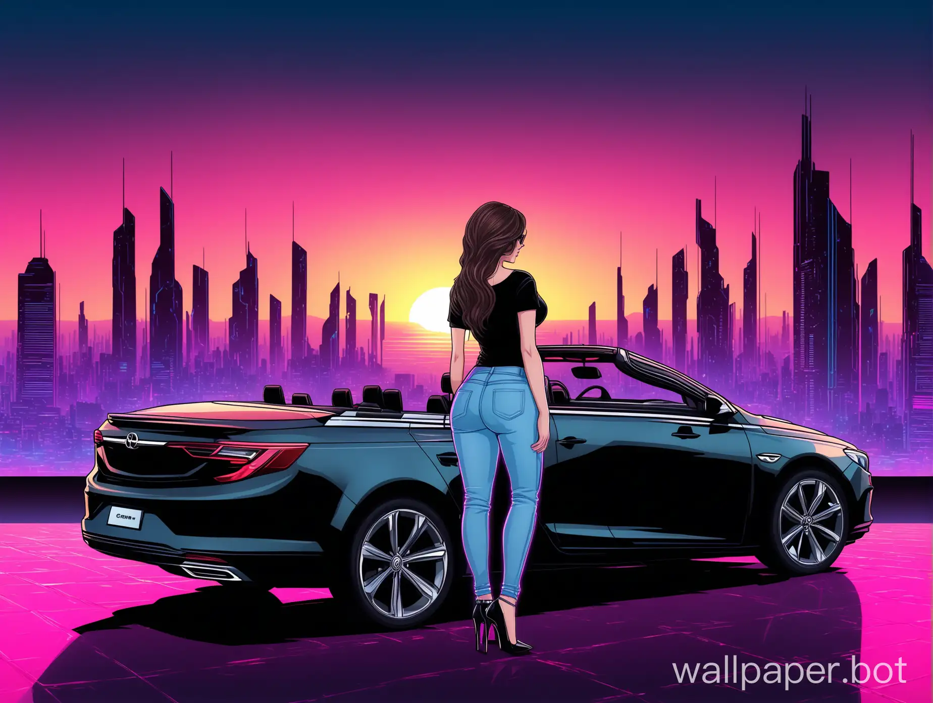 fuller shape woman with long darkbrown hair visible from the back (her face isn't visible), wearing black t-shirt with cleavage, jeans and high heels standing near the right side of a grey opel insignia grandsport convertible car visible from the side. background is a futuristic city at sunset, synthwave style