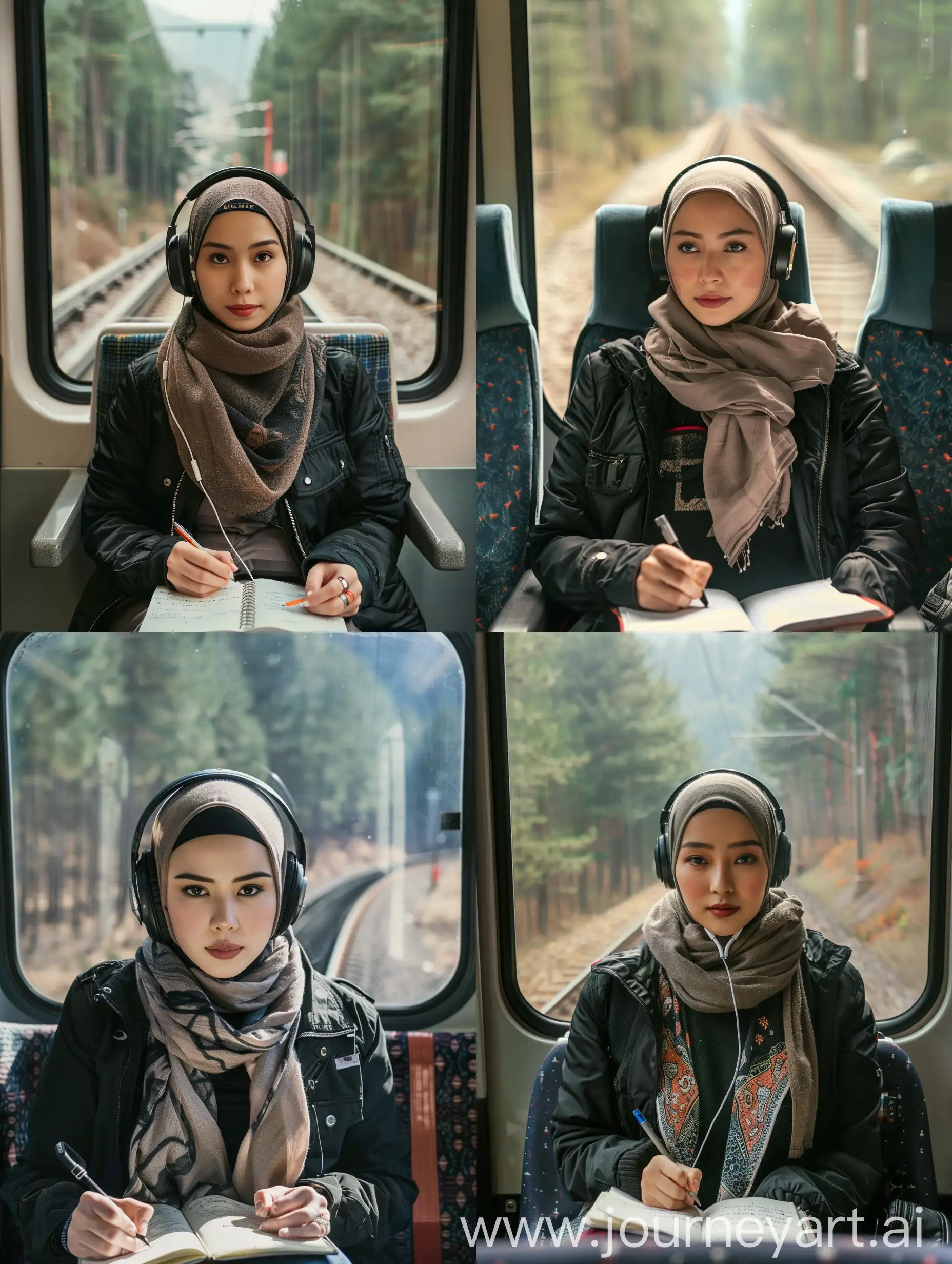 Fotografı sinematik, wanita cantik thailand hijab mengenakan jaket trucker hitam dan scarf.badan menghadap ke kamera.fokus fokus duduk. Badan menghadap ke depan.dengan headphone, duduk di kursi kereta, duduk di lorong kereta, kereta tanpa penumpang, potret solo menulis di jurnal, suasana estetis, Anda bisa melihat pepohonan dan hutan dari jendela kereta