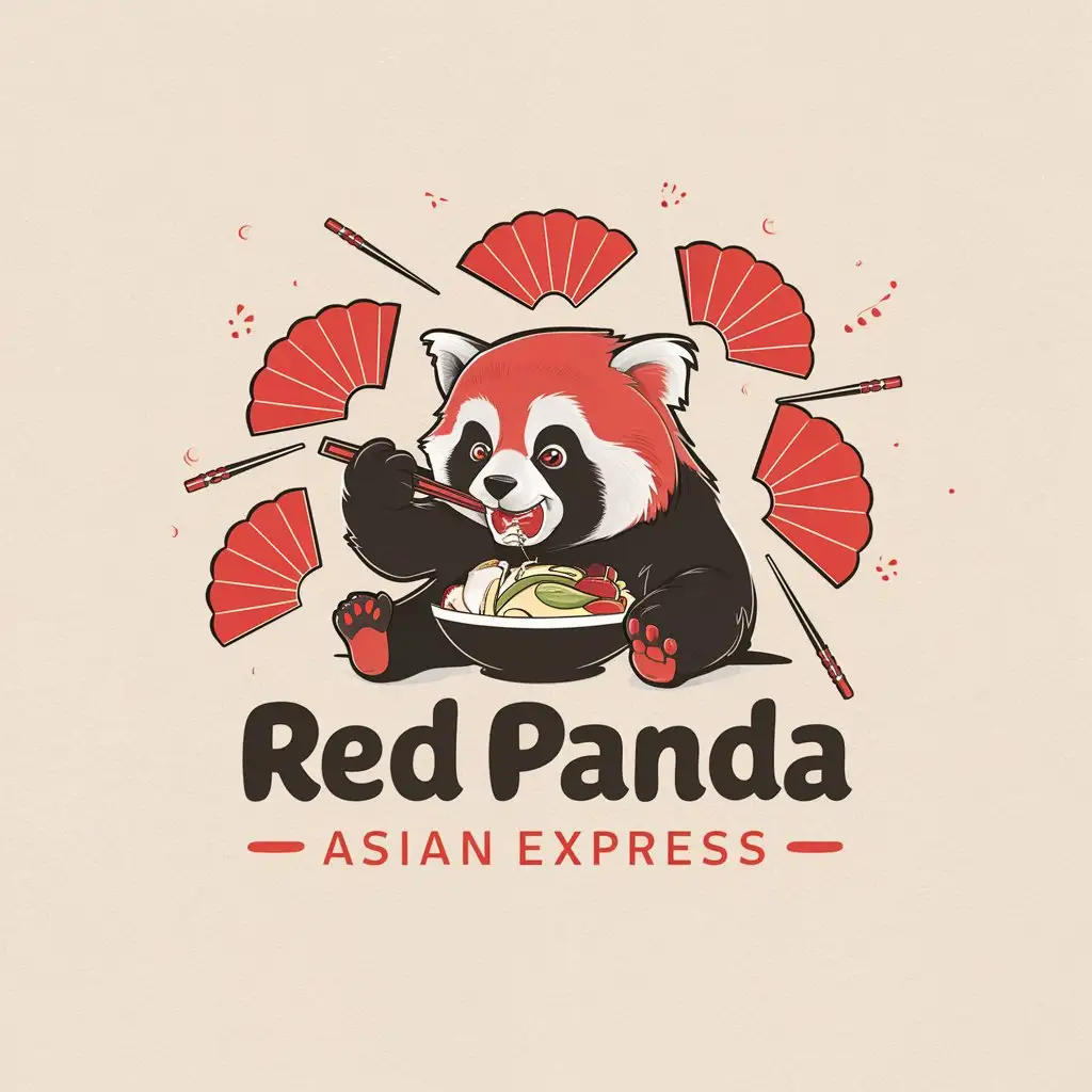 a logo design,with the text "Red Panda Asian Express", main symbol:The logo should include a funny red panda eating something , and red fan illustrations and red chopsticks. Preferred soft red and black,Moderate,clear background
