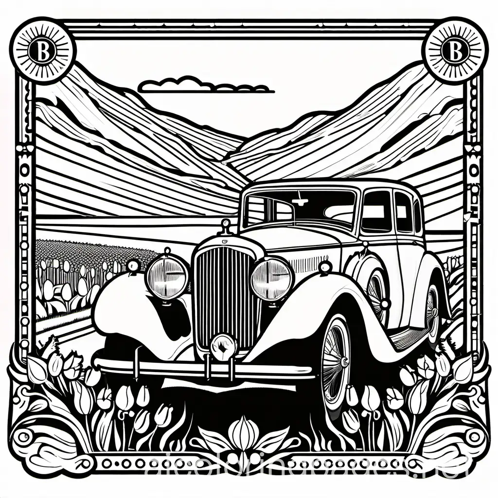 1933 bentley, good omens, tulips in back seat, crowley and aziraphale, fire, Coloring Page, black and white, line art, white background, Simplicity, Ample White Space