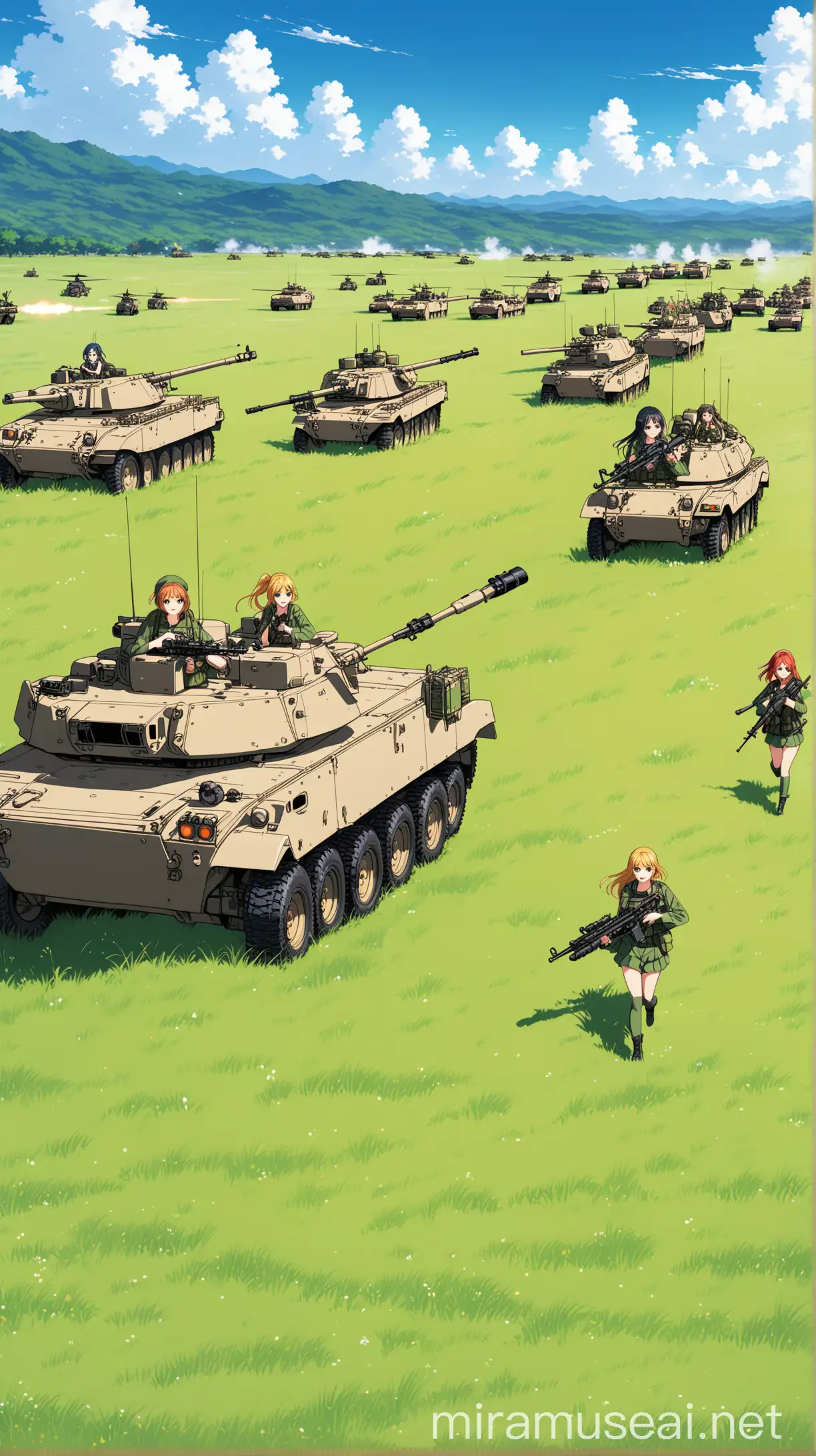 Anime Girls Military Parade Marching Through Grasslands with Snipers Tanks and Choppers