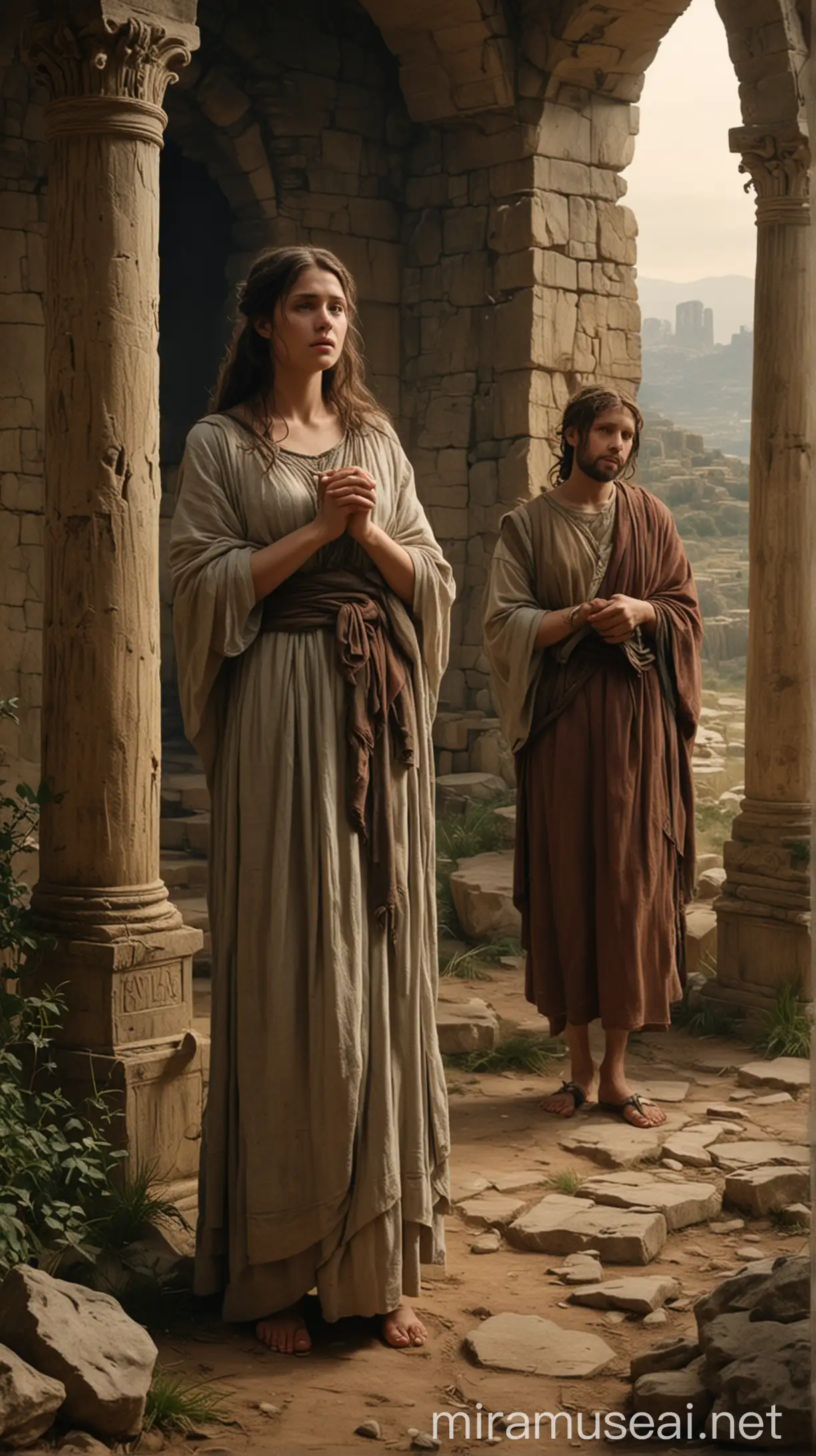 Illustrate a somber and dramatic moment in a biblical setting where Lot and his younger daughter are together, hinting at their controversial union. The background should be a primitive, ancient environment."In ancient world 