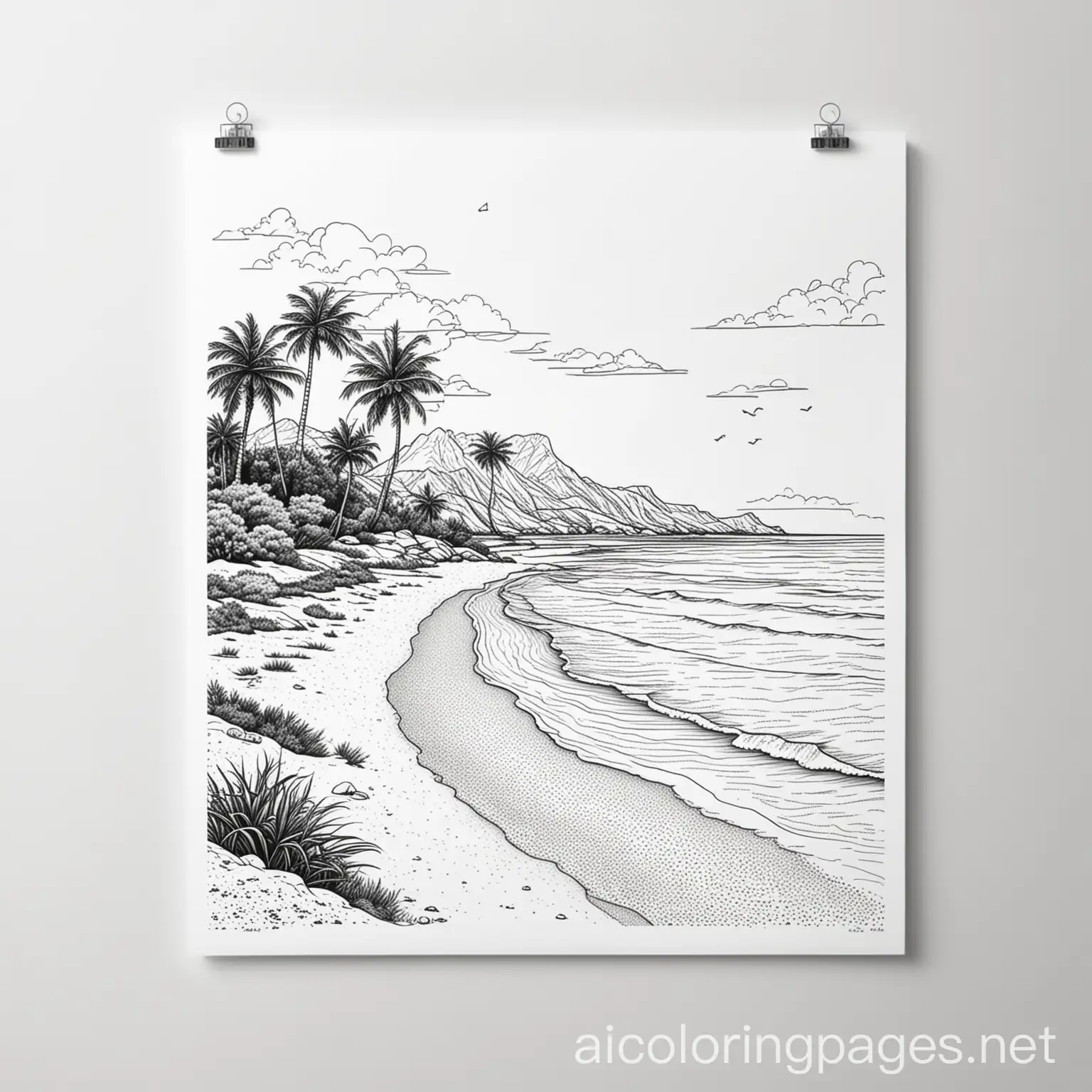 Summer beach landscape, Coloring Page, black and white, line art, white background, Simplicity, Ample White Space.