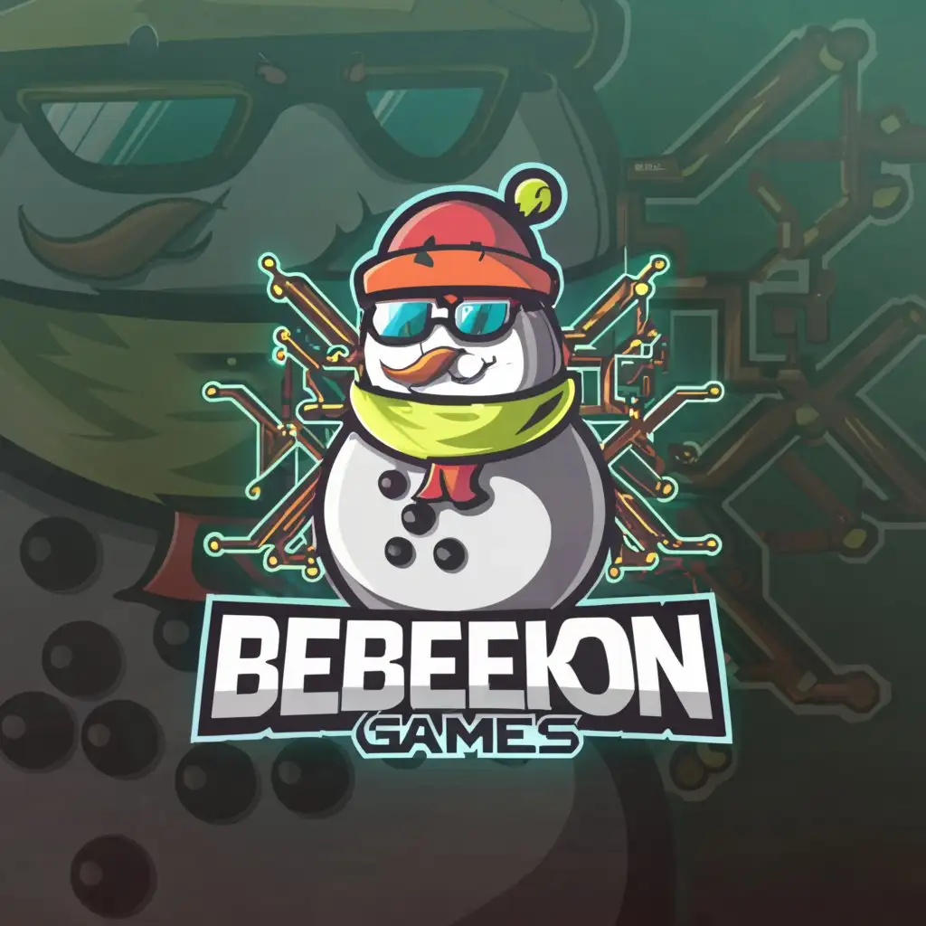 a logo design,with the text "bebekon games", main symbol:techno snowman with mustaches and sunglasses,complex,be used in Technology industry,clear background