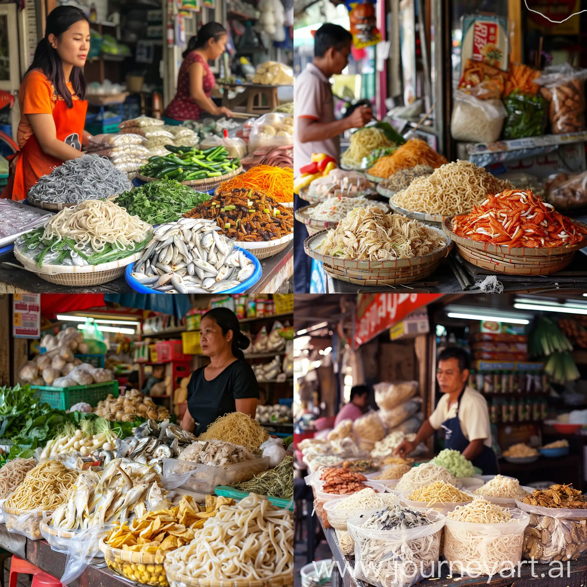 Arrange noodles, dried fish and vegetables together on a shop table with a vendor.