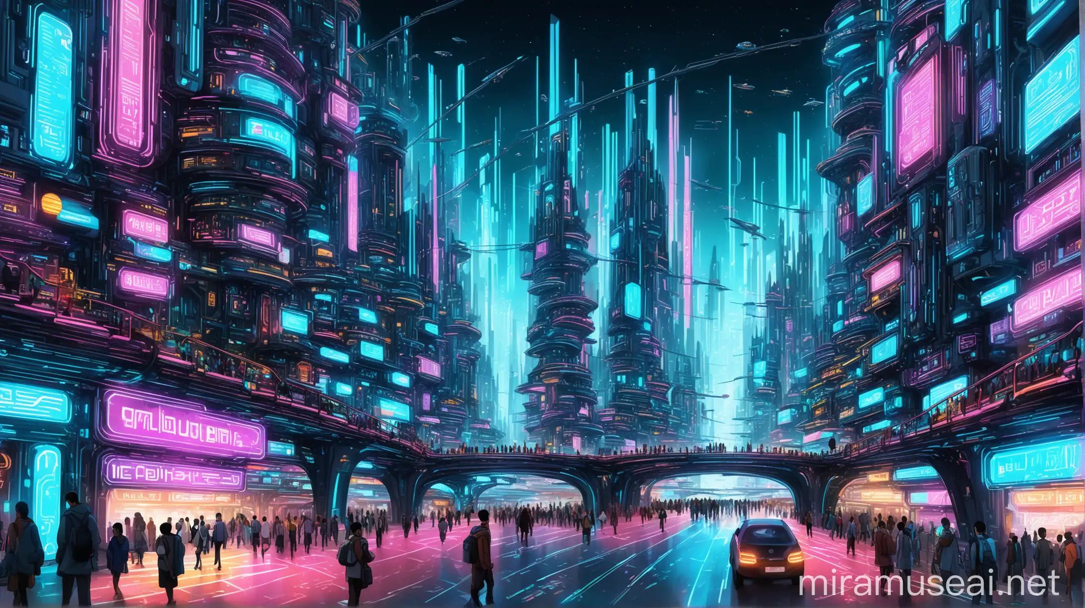 Vibrant Futuristic Cityscape with Diverse Inhabitants and Advanced Technology