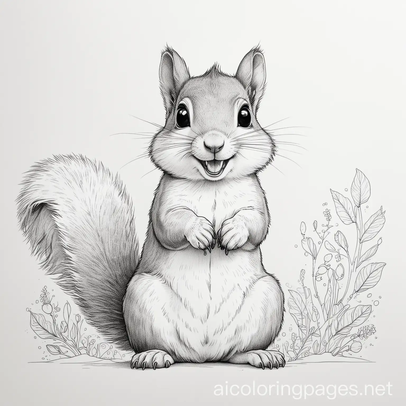 happy squirel, Coloring Page, black and white, line art, white background, Simplicity, Ample White Space. The background of the coloring page is plain white to make it easy for young children to color within the lines. The outlines of all the subjects are easy to distinguish, making it simple for kids to color without too much difficulty