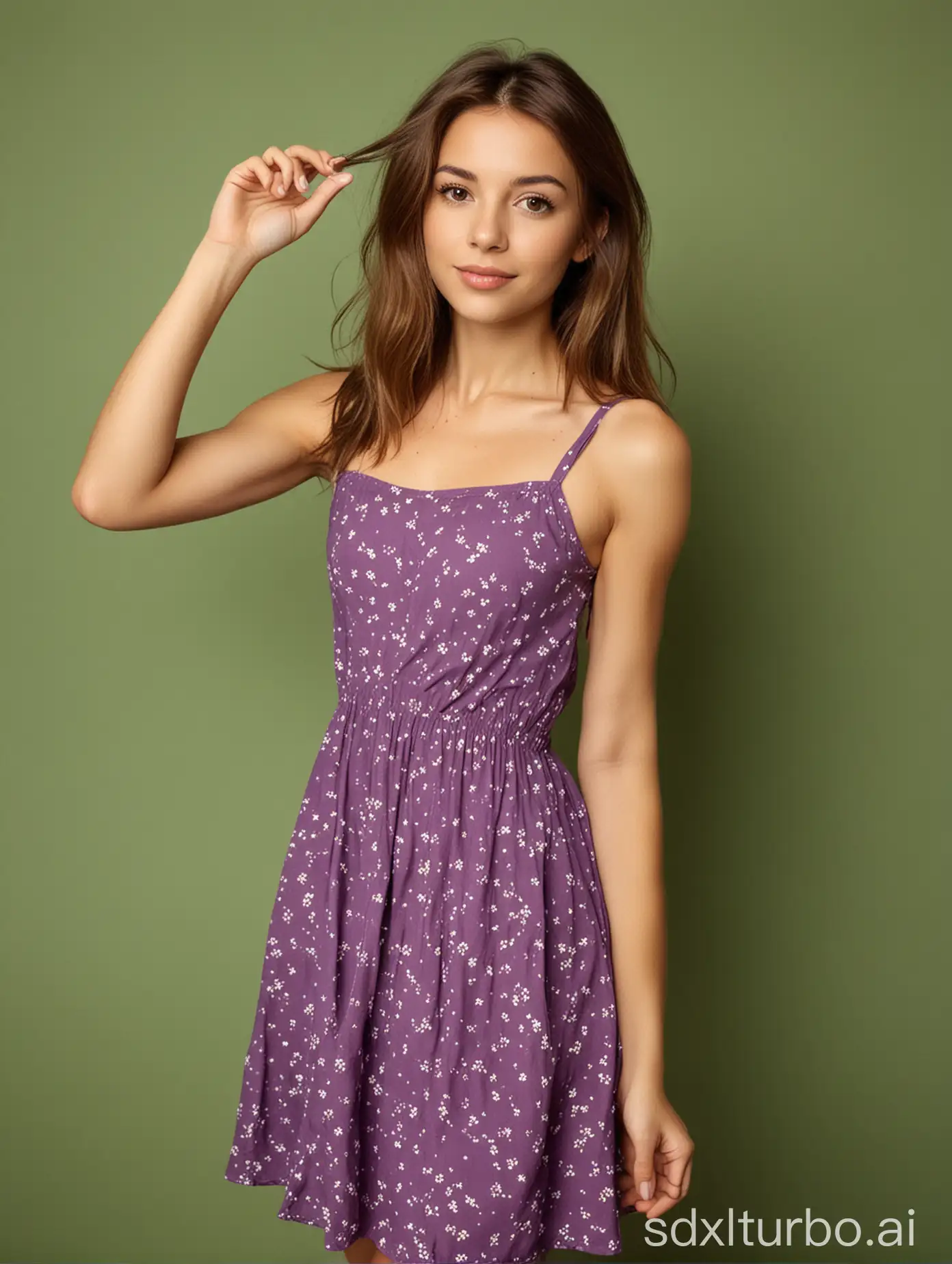 Stylish-Woman-Posing-for-a-Selfie-in-a-Purple-Sundress-Against-a-Green-Background