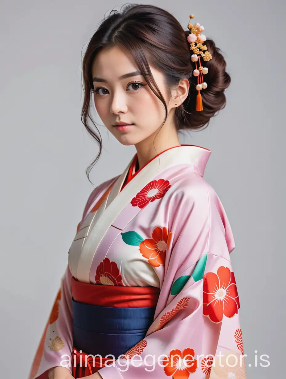 Elegant Japanese young woman in Kimono dress, front view