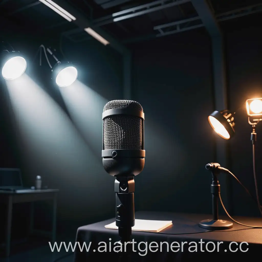 Avatar for a Youtube channel about journalism, microphone in a dark room under spotlights, without people.