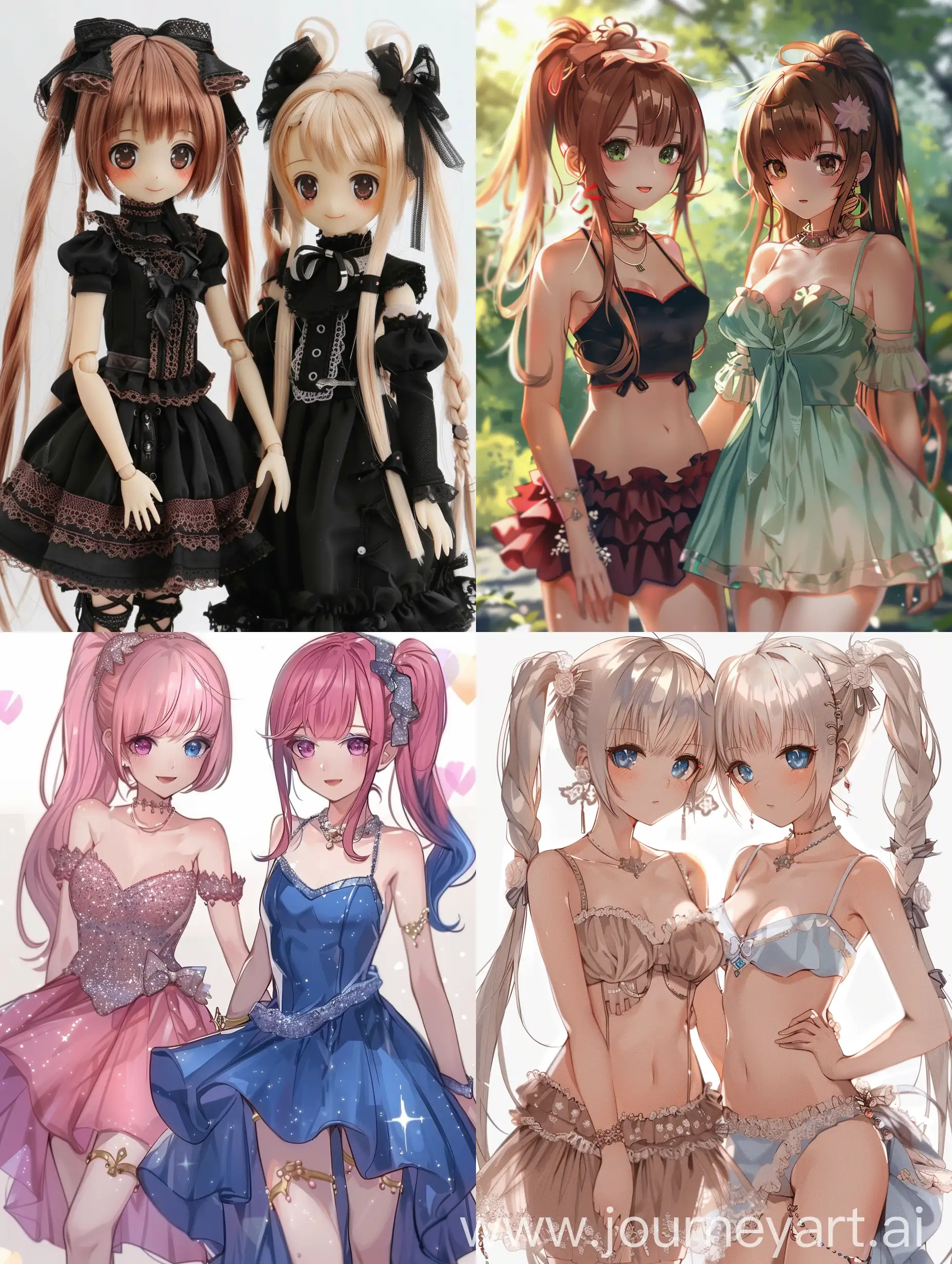 anime doll sisters, heterochromia, ponytails, beautiful dresses