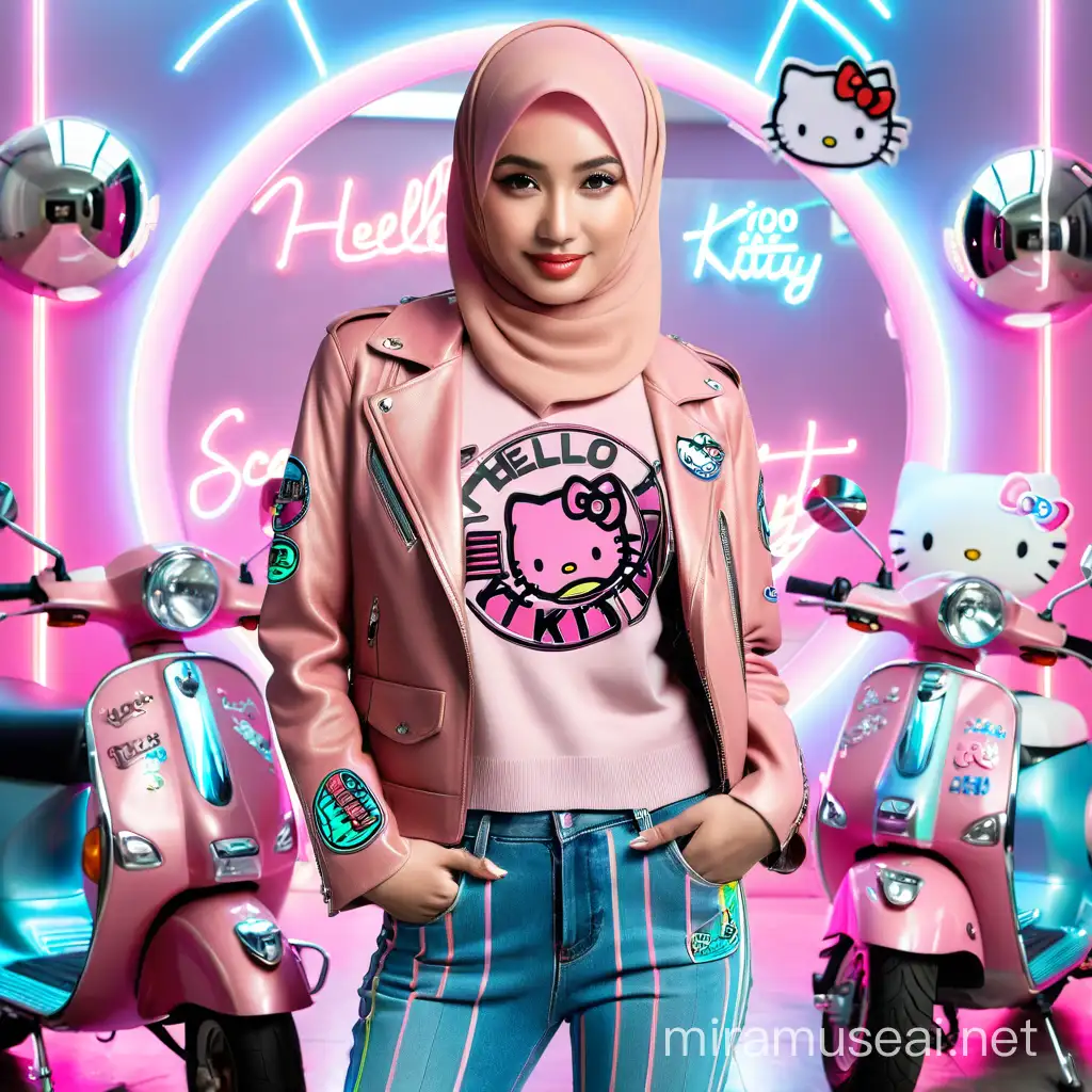 Stylish Indonesian Hijab Girl Poses with Futuristic Scooter in Neonlit Setting