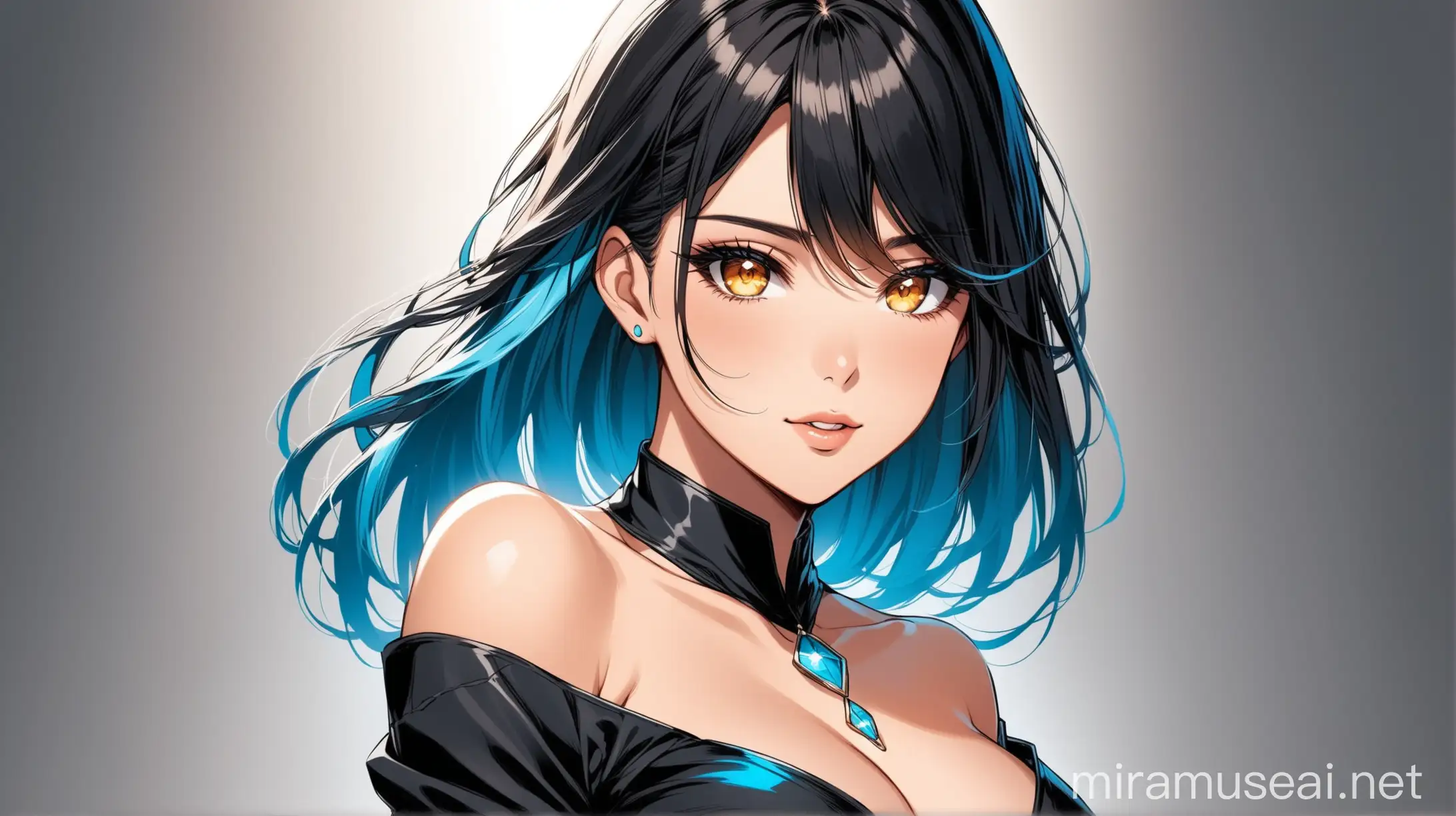 natural beauty with amber eyes and elegant black hairs with blue highlights
in a sexy outfit 