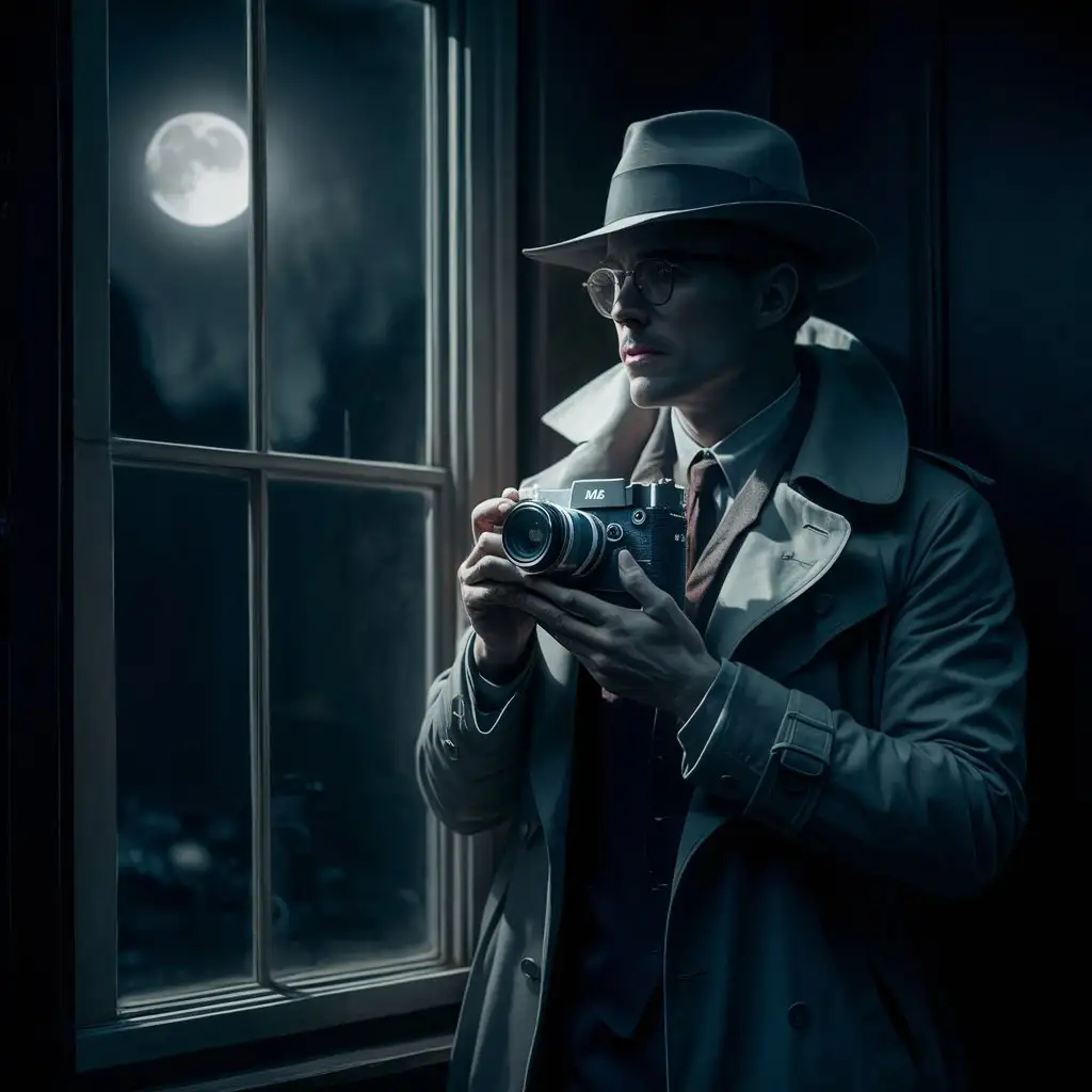 The noir-style setting. A silhouette of a man as journalist photograper stands at the window, holding leica m6 camera, looking out into the night. The moonlight gently illuminates his clothing and hat, casting a soft shadow over his face.