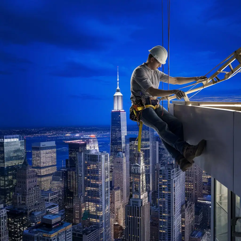 A construction worker perched high above a city skyline, symbolizing human achievement