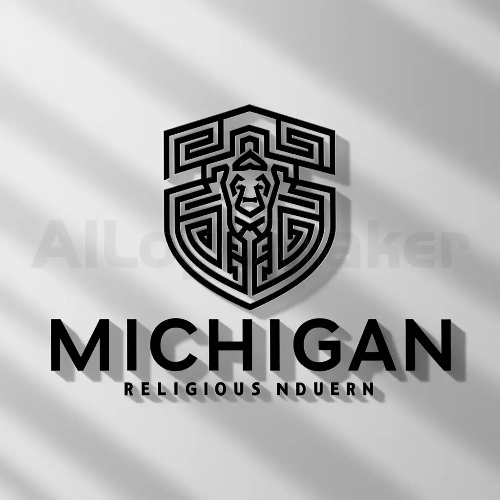 a logo design,with the text "Michigan", main symbol:coat of arms in the style of ancient Greece,Moderate,be used in Religious industry,clear background