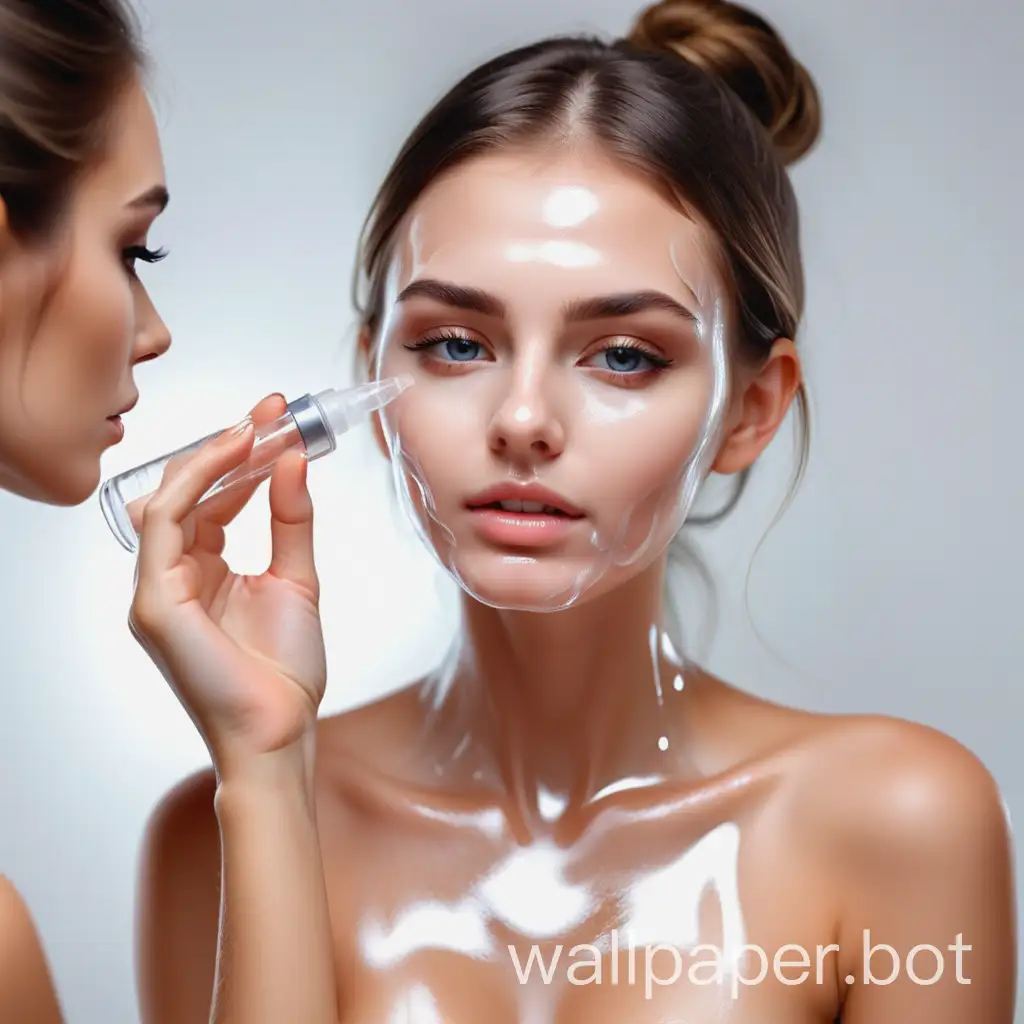 Sexy beautiful girl applying transparent serum on her face, spray DETOX 100ml.