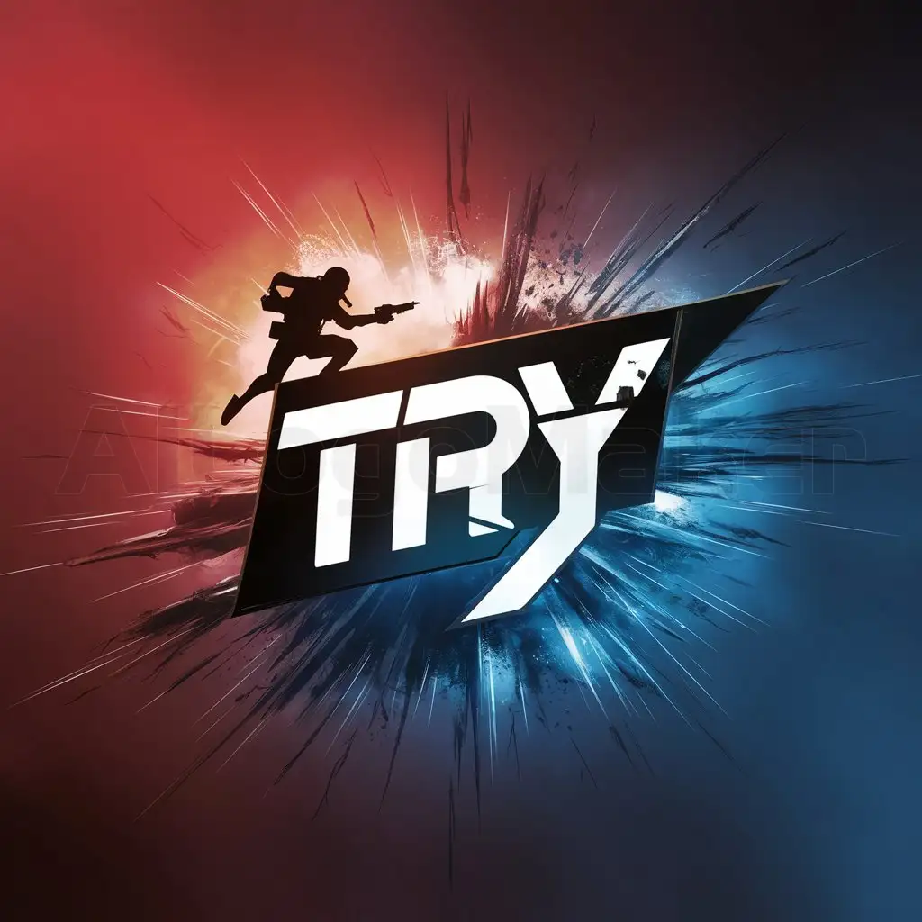 a logo design,with the text "Try", main symbol:a logo design,with the text 'TRY', main symbol:logo for a game similar to counter strike 2, should be drawn: player, weapon, explosion, all on a gradient red-blue background,be used in Entertainment industry,clear background,complex,be used in Entertainment industry,clear background