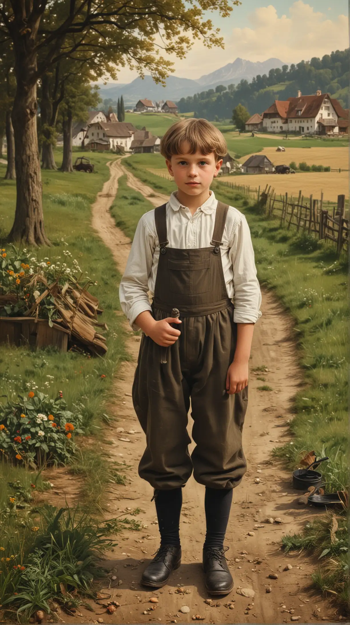 Early Life: Create an image depicting Franz Jägerstätter's childhood in the Austrian countryside, perhaps working on his family's farm.