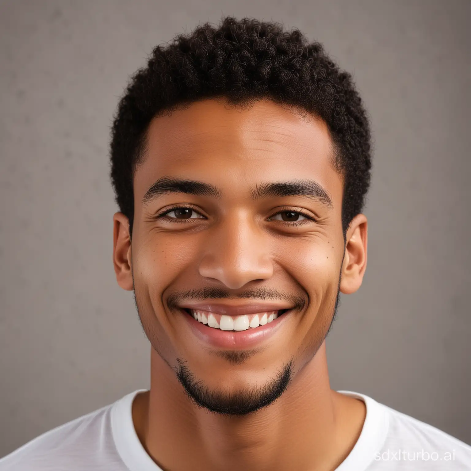 A face picture of a mixed raced male of Jamaican and British decent smiling in a friendly manner.