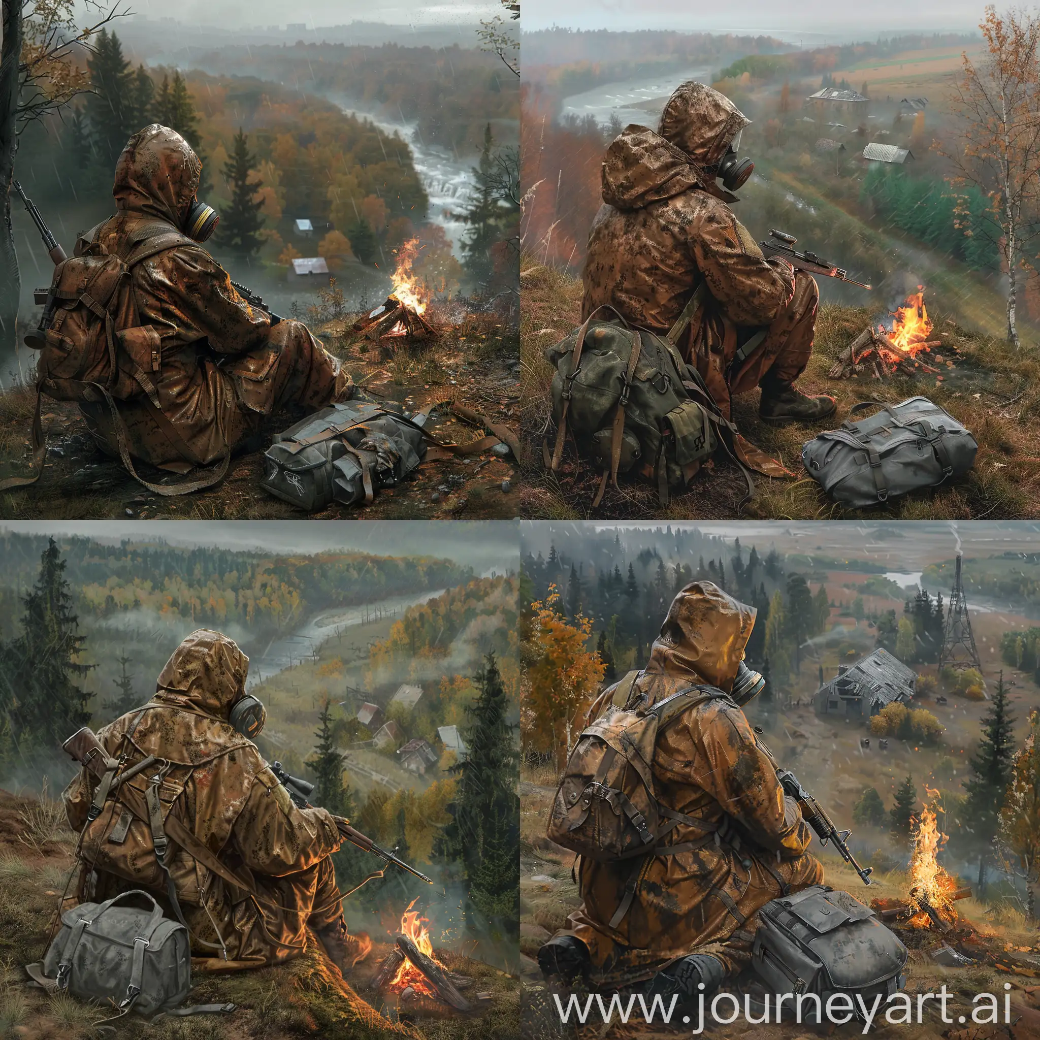 Stalker-Sitting-by-Campfire-in-Gloomy-Autumn-Forest