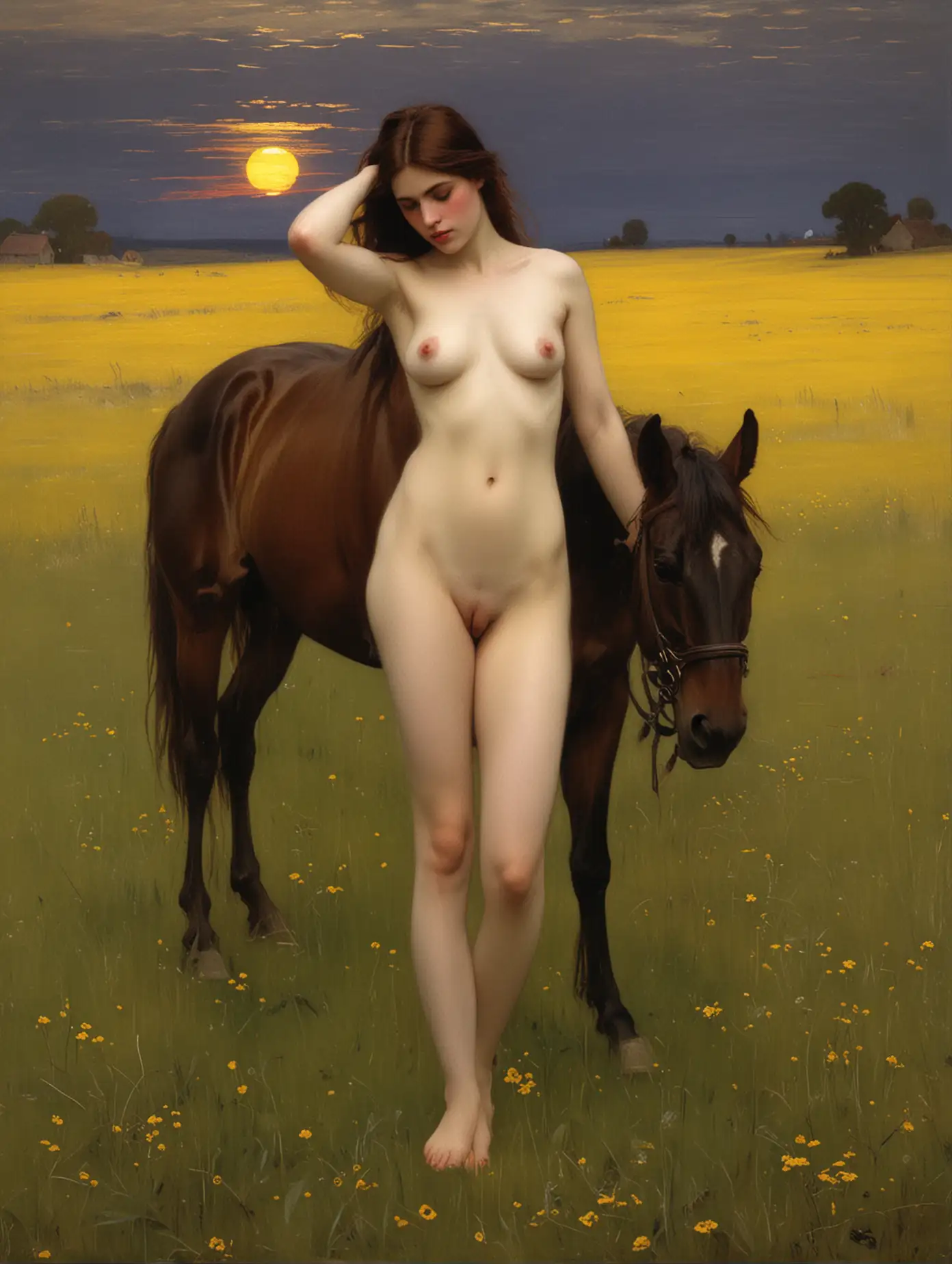 nude  muse and horse in yellow pasture at twilight..{John William Waterhouse