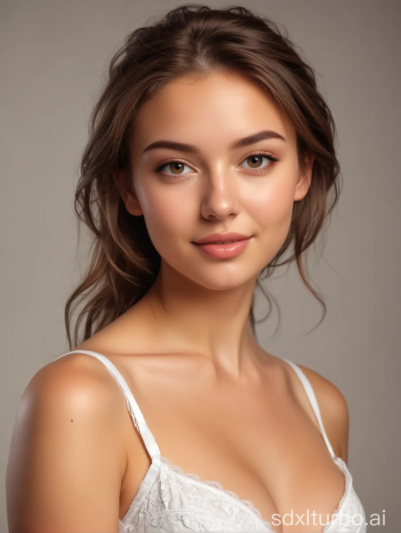 a beautiful young woman posing for a picture, a picture, by Adam Marczyński, shutterstock, digital art, natural realistic render, beautiful well rounded face, white bra, soft portrait shot 8 k, woman in dress, professional closeup photo, 18 years old, slight cute smile, big cheekbones, fair olive skin, light makeup, girl cute-fine-face