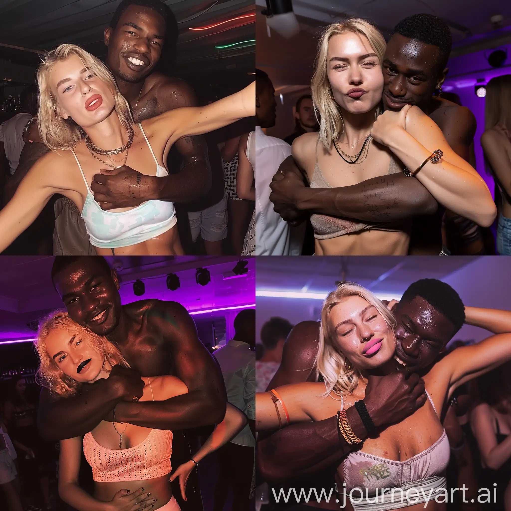 Aesthetic instagram selfie of a blonde danish woman in a party club crop-top getting hugged possessively by her tall robust african partner, she is doing the duck lips pose, her partner is putting her in a chokehold and smiling, the woman is beautiful and looks typically danish, both are looking at the camera, sweaty and flirty