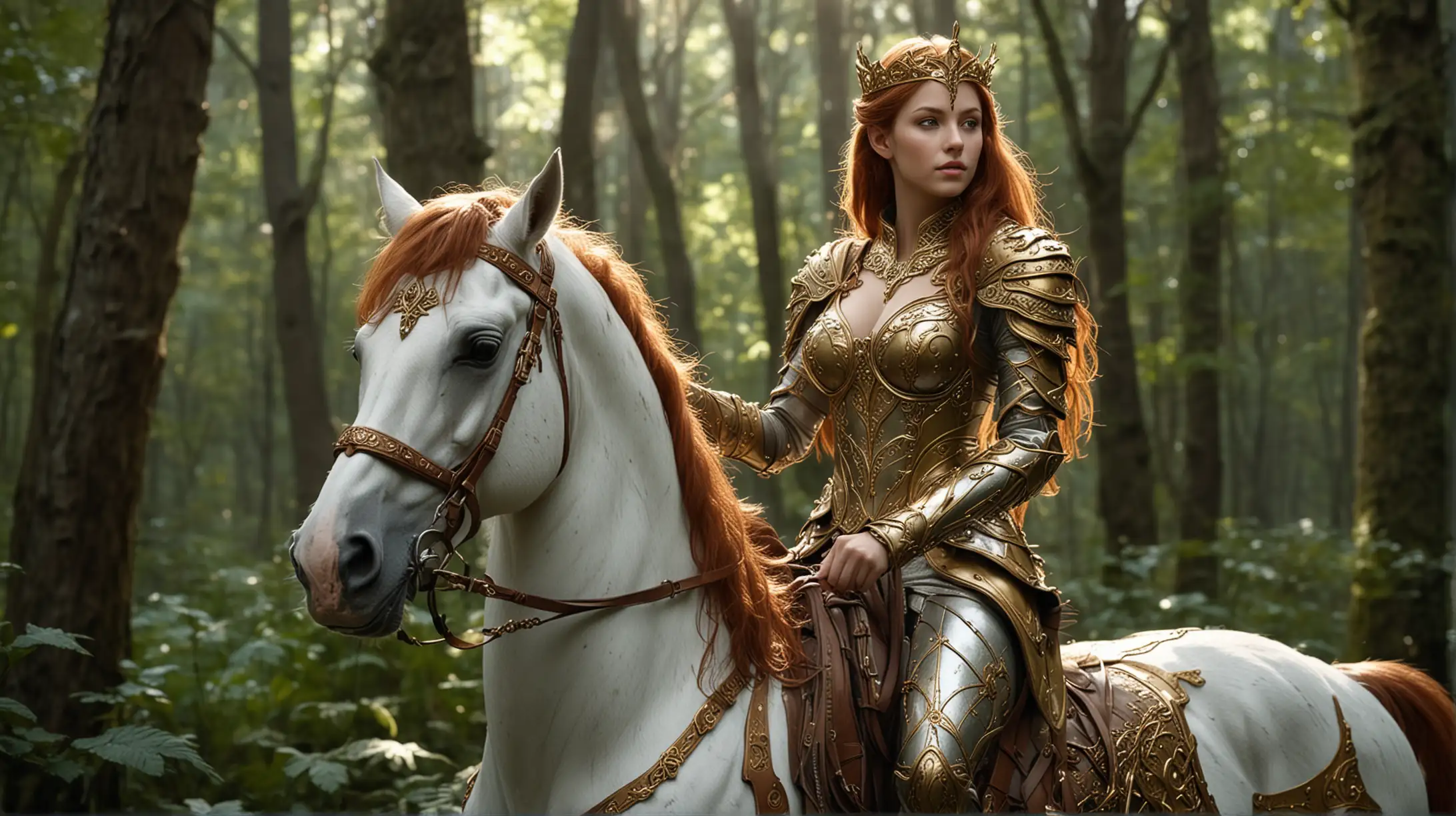 A gorgeous young female wood elf with very large breasts. She has auburn hair, and large hazel eyes flecked with gold. a small gold crown on her head. Lightly tan skin.  She's wearing low cut intricate Gold and white armor. riding a silver colored horse through a mystical forest. generous cleavage, perfect legs, delicate soft rim lighting to accentuate her figure, cinematic lighting, award winning photo, masterpiece, ultra realistic photo, ray tracing, professional color grading, 16k, sharp details