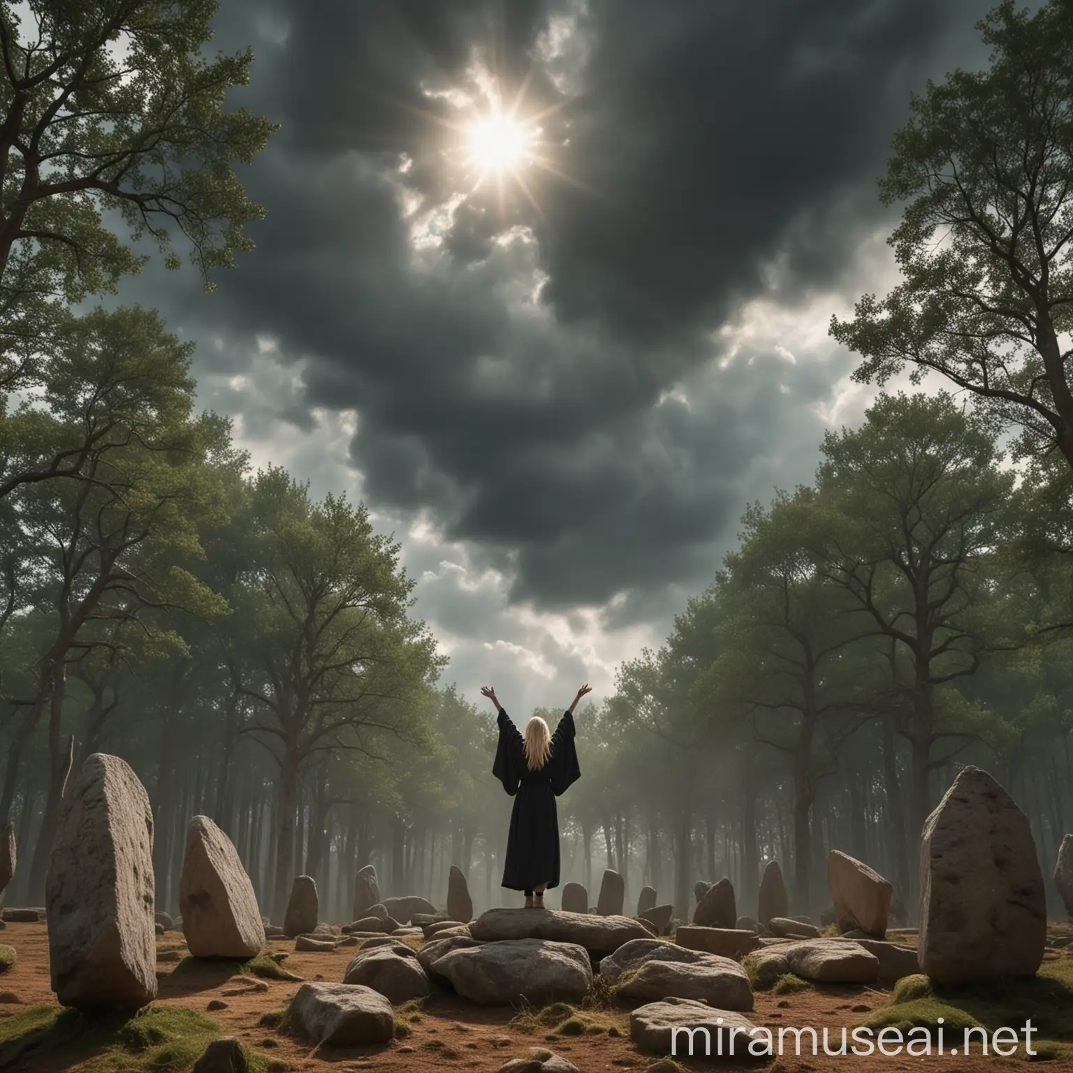 A blond woman, wearing a dark ritual robe, standing on top of a 2 meters high dolmen, in the middle of a clearing, in a flat oak forest area. She's raising her arms towards a bright sun. The sky is 
slowly darkening with storm clouds all around the scene