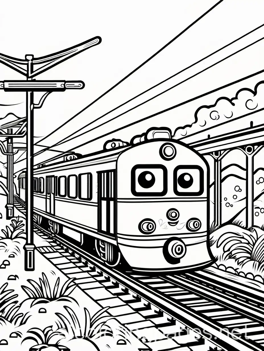 Cheerful-Kids-Coloring-Train-at-the-Station-Fun-Black-and-White-Line-Art-Page