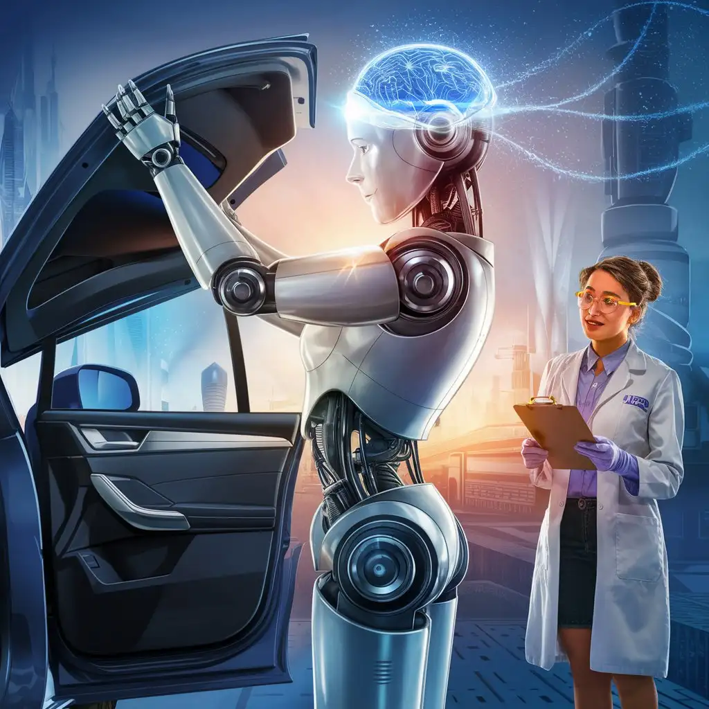 a futuristic robot with a glowing digital brain lifts a cardoor, while a lady in a labcoat watches, the lady holds a clipboard and looks exceptionally scholarly.  