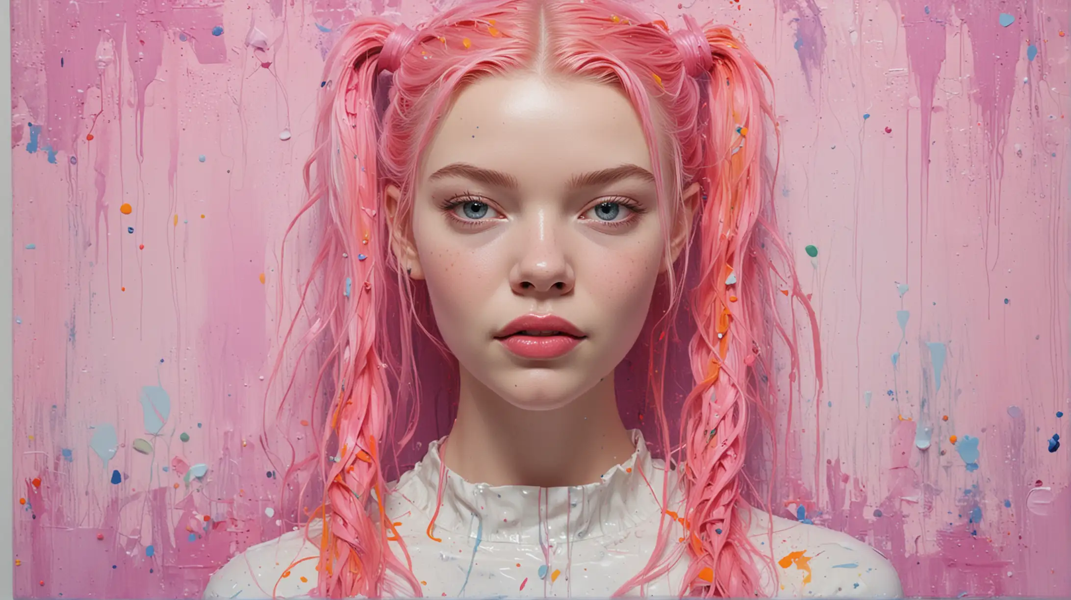 Anya Taylor-Joy, sexy, pitails, textured oil painting of abstract art of florescent colors, milk