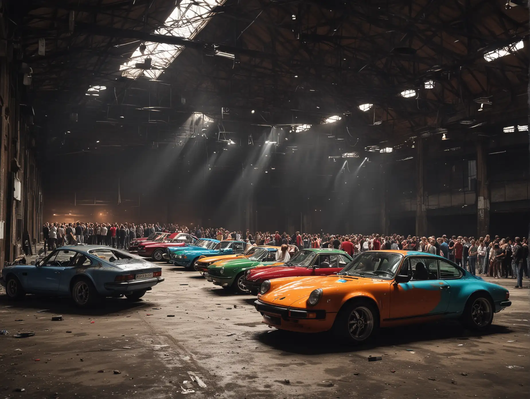 meeting 20 sport cars in diferent colors party in dark and abandoned old factory hall, lot of peoples dancing, hall is in the dark, show light shinning from the roof, dj playning from the stage, 1 bmw and 1 porsche car in the front




